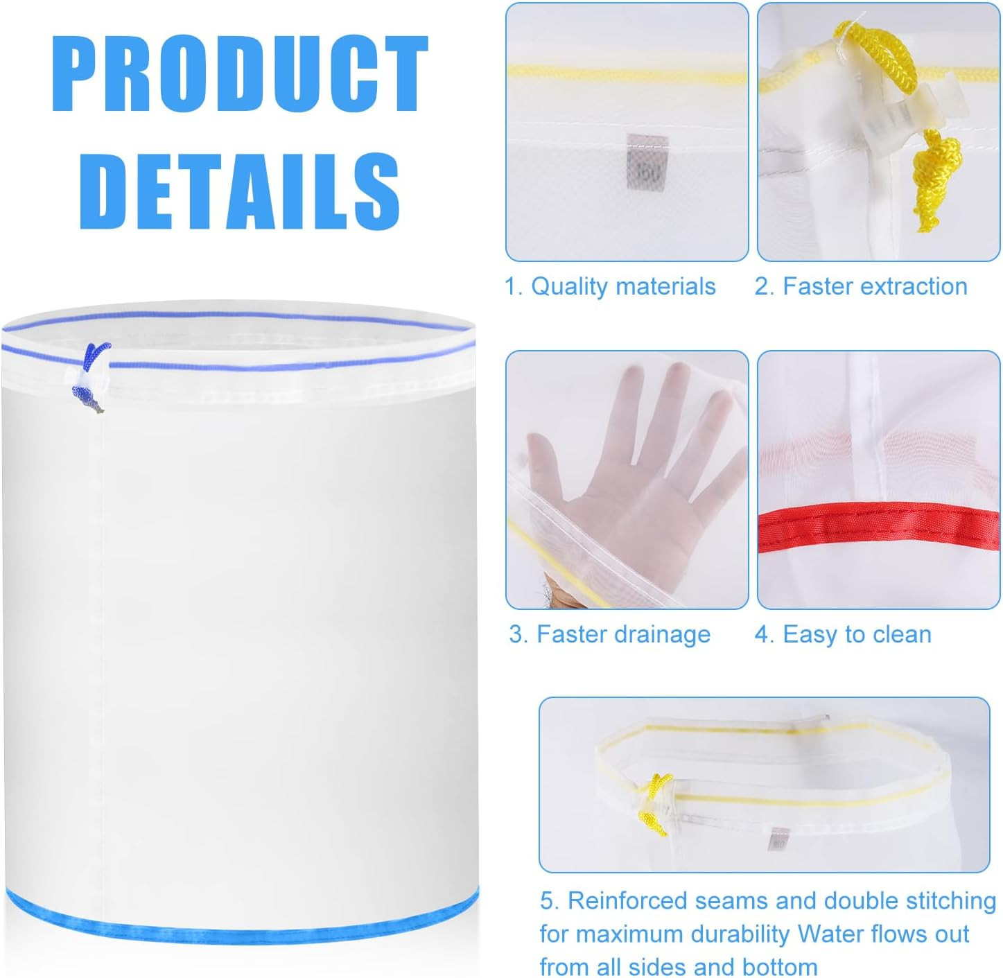 5 Pack 5-Gallon Mesh Filter Bags, 5 Color Reusable Fine Nylon Strainer Bag Set with Pressing Screen & Storage Pouch for 5 Gallon Cold Brew Buckets (25 to 220 Micron) image number 4