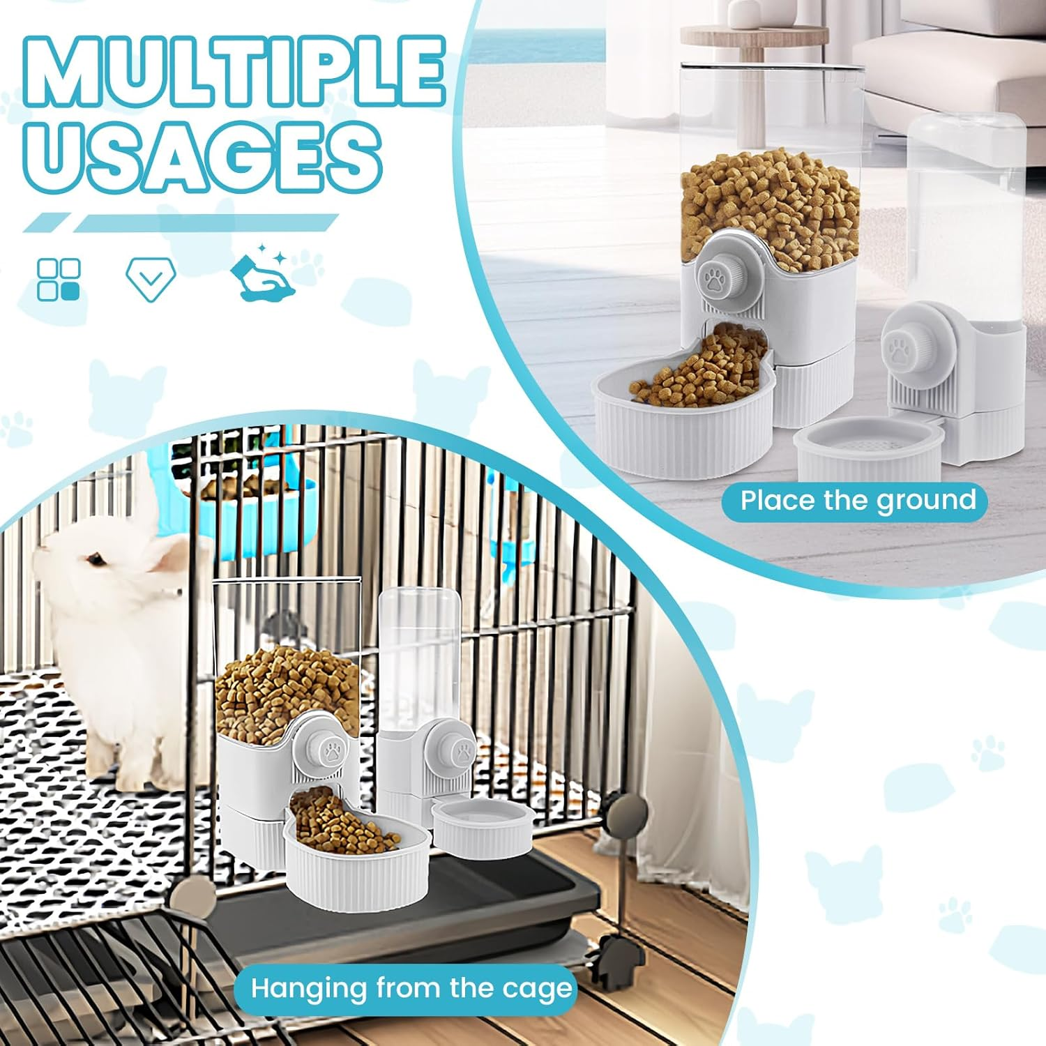 Rabbit Food Water Dispenser 520Ml Rabbit Water Dispenser 1200Ml Rabbit Food Dispenser Hanging Rabbit Water Bottle Dispenser Large Rabbit Feeder and Water Dispenser Set for Bunny Fulasun.(Style 1,Grey) - Grey image number 3