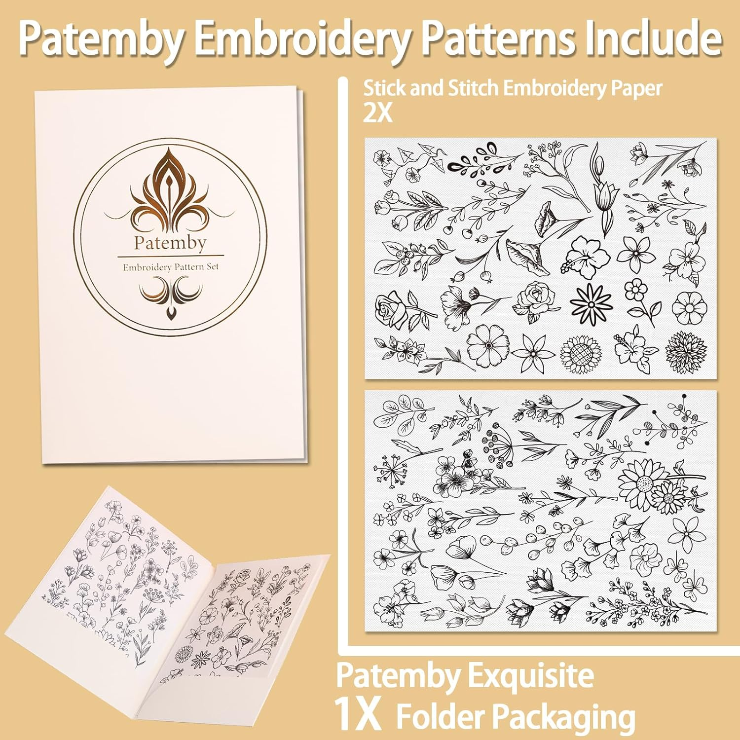 Patemby 50Pcs Water Soluble Embroidery Stabilizers, Stick and Stitch Embroidery Paper with Pre-Printed Flowers and Leaves Pattern Transfers for Hand Sewing Lover Beginners (Flower)
