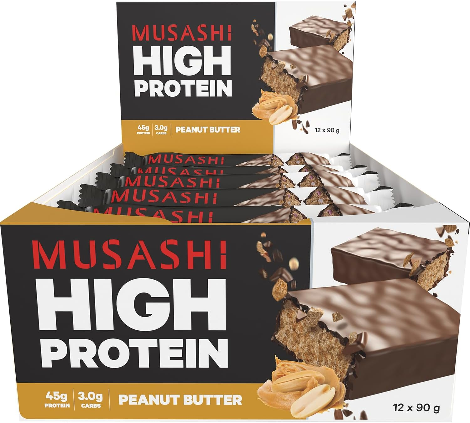 Musashi High Protein Bar, Peanut Butter Flavour, 90G &ndash; 12 Pack Muscle Recovery Bar with 45G Protein for Strength, Energy & Performance image number 2