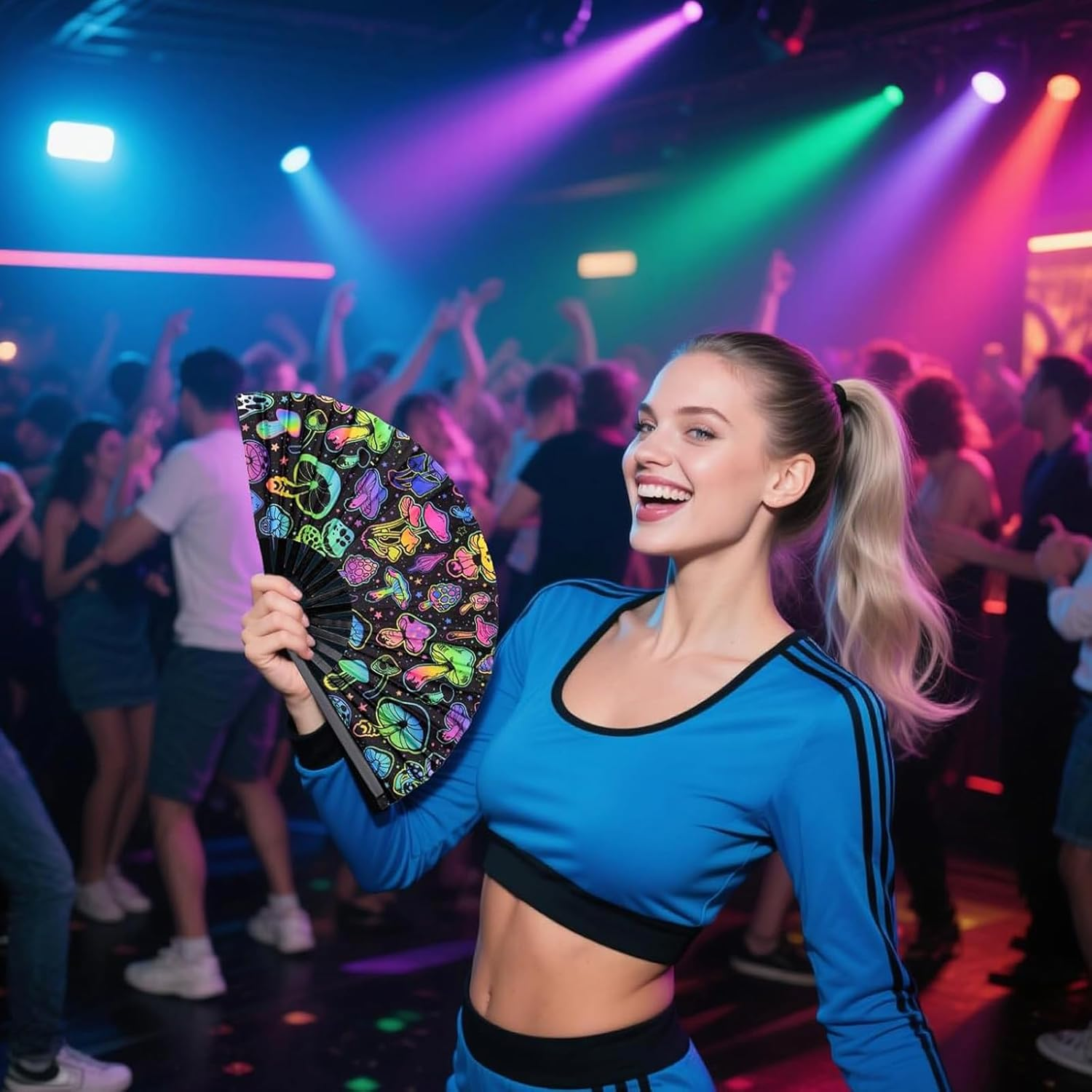 Large Rave Fan UV Glow Hand Fan with Holster for Men/Women, Disco Party Favor for Edm Music Festival Club Rave Accessories(Reflective Mushroom) image number 4