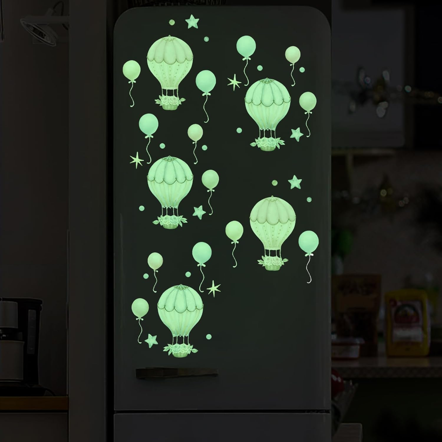 Sgphrzlt 2 PCS Glow in the Dark Hot Air Balloon Nursery Decor Stickers, Vinyl Peel and Stick Wall Decals, Removable Colorful Art Stars Artwork Decoration for Girls Boys Bedroom Playroom Ceiling image number 3