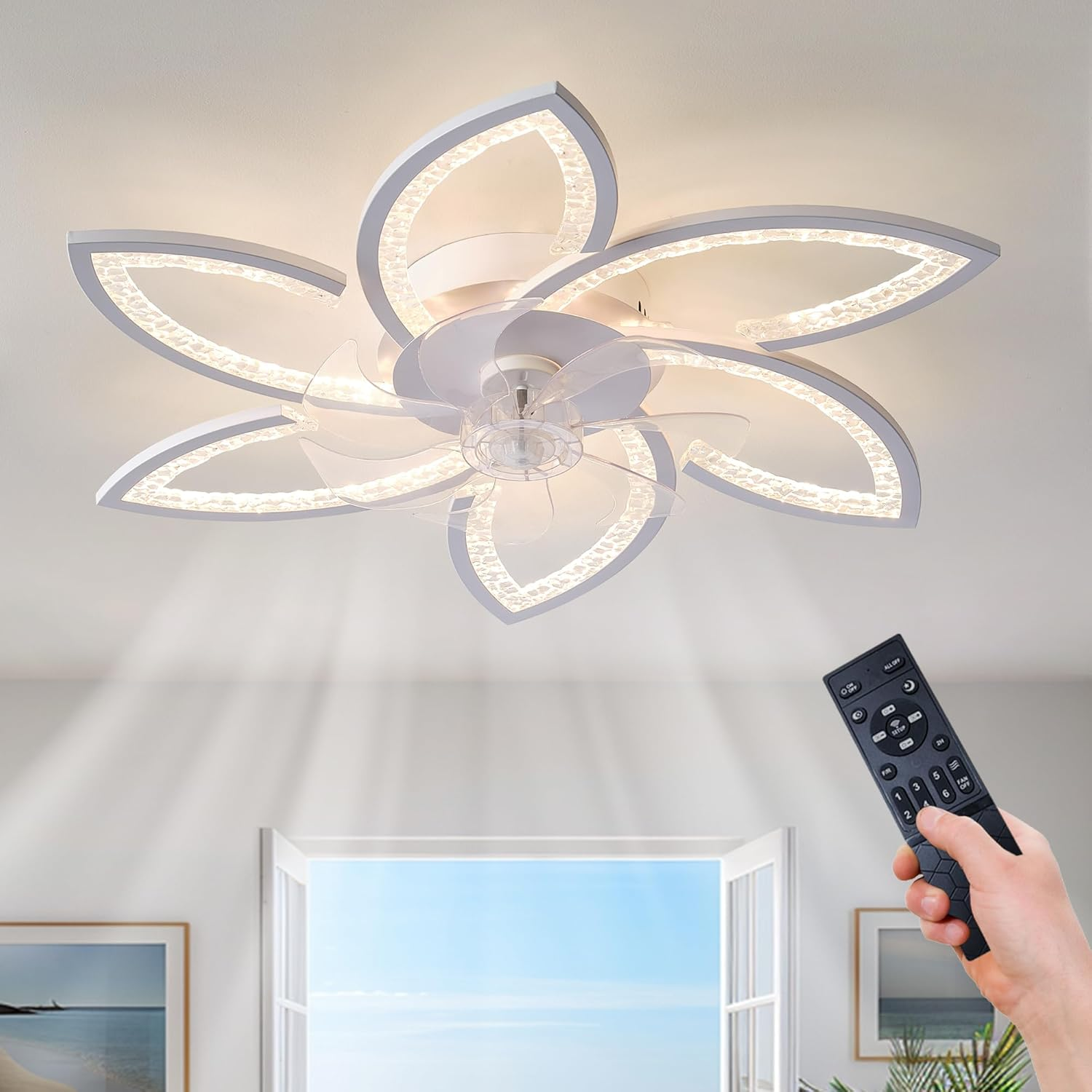 Ganeed LED Ceiling Fans with Light 6-Speed Ceiling Fan Lighting Dimmable Modern Ceiling Fan Light Fixture for Bedroom Living Room Kitchen
