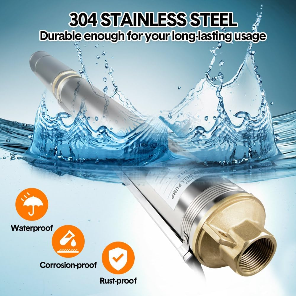 ALSTON 1HP 0.75W 220V Stainless Steel Deep Well Water Pump Submersible Bore Pump Head Max 58M/70L per Minute for Industrial Irrigation Livestock Home Use image number 5