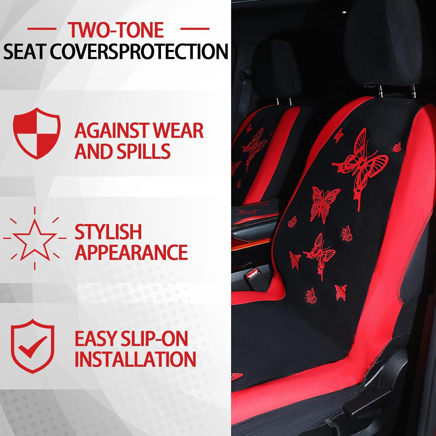 BBTO 43 Pcs Butterfly Car Seat Full Set Butterfly Car Accessories for Women 5 Front Rear Seat Covers Wrist Strap 2 Pieces Cup Mat Armrest Pad 2 Seat Belt Cover Accessories for SUV Car (Red, Black) - As Pictures Shown image number 7