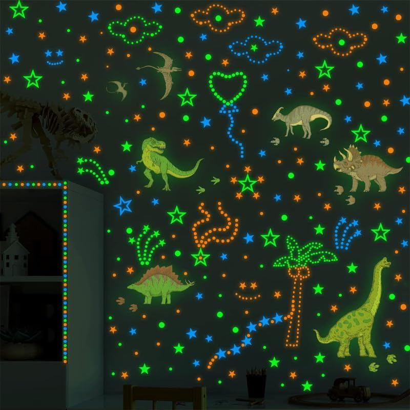 925Pcs Glow in the Dark Dinosaur Wall Decals Removable DIY Glowing Blue Green Yellow Stars and Dots Wall Stickers PVC Peel and Stick Fluorescent Luminous Wall Decor for Kids Bedroom Baby Boys