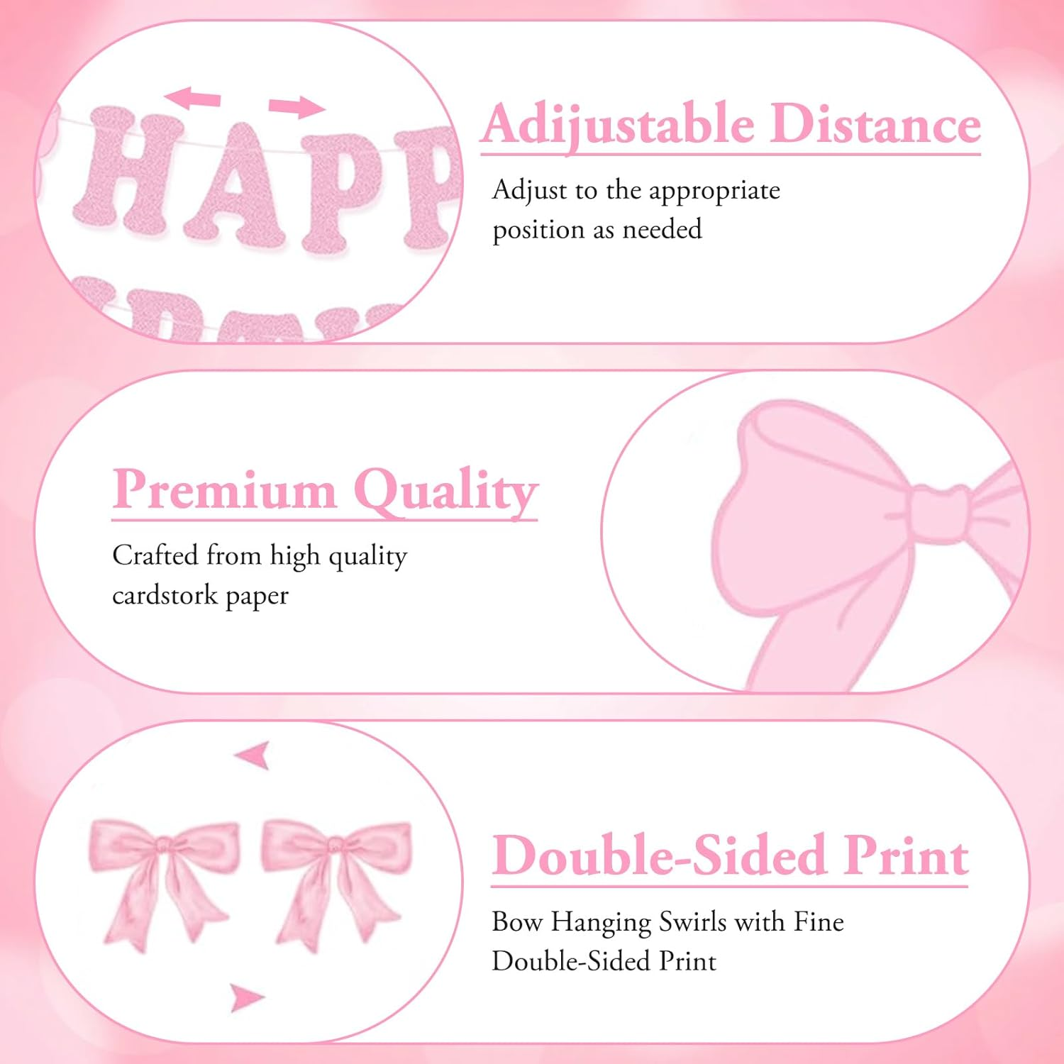 Pink Birthday Party Decorations, Pink Bow Party Banner with 14Pcs Bow Swirls Hanging Garland, Girl Baby Shower Garland, Coquette Birthday Decoration for Wall, Fireplace, Window