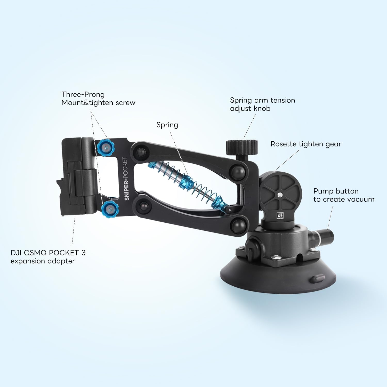 DF DIGITALFOTO Osmo Pocket 3 Car Mount, Blade Arm Sunction Cup Shock Vertical Shock Absorbing Car Shooting with Safety Lock Rope 60Kg Load-Bearing Compatible with DJI Osmo Pocket/Gopro Action Camera image number 3