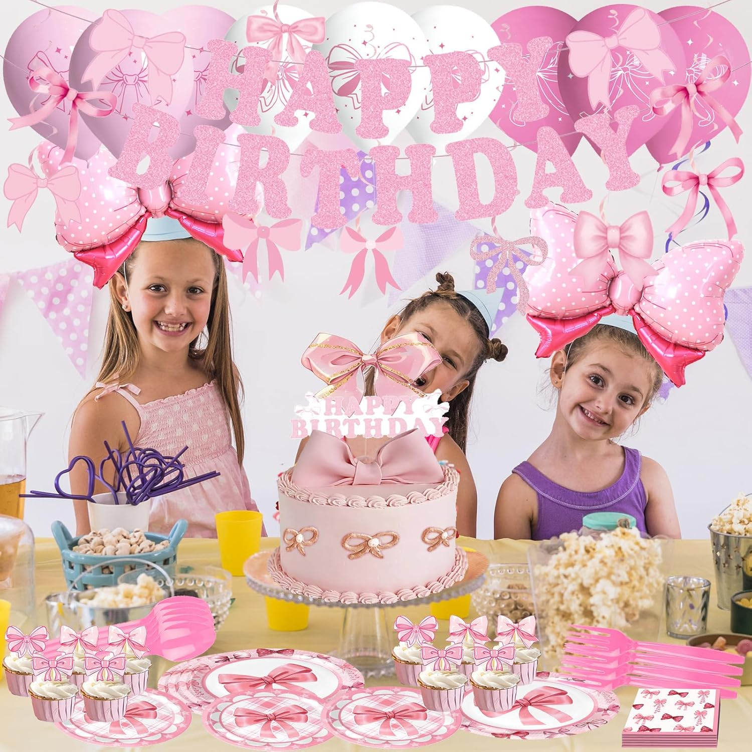 Pink Bow Birthday Party Decorations for Women Girls - Bow Theme Happy Birthday Banner, Backdrop, Bow Tablecloth, Balloons, Paper Tray, Spoons, Forks, Napkin, Cupcake Topper image number 6