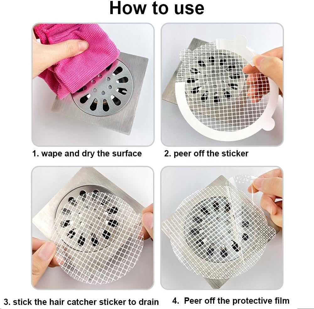 Disposable Drain Hair Catcher 50 Pack, Shower Drain Cover Hair Catcher Mesh Sticker, White, Plastic, Matte, Modern, Glass Fiber Construction