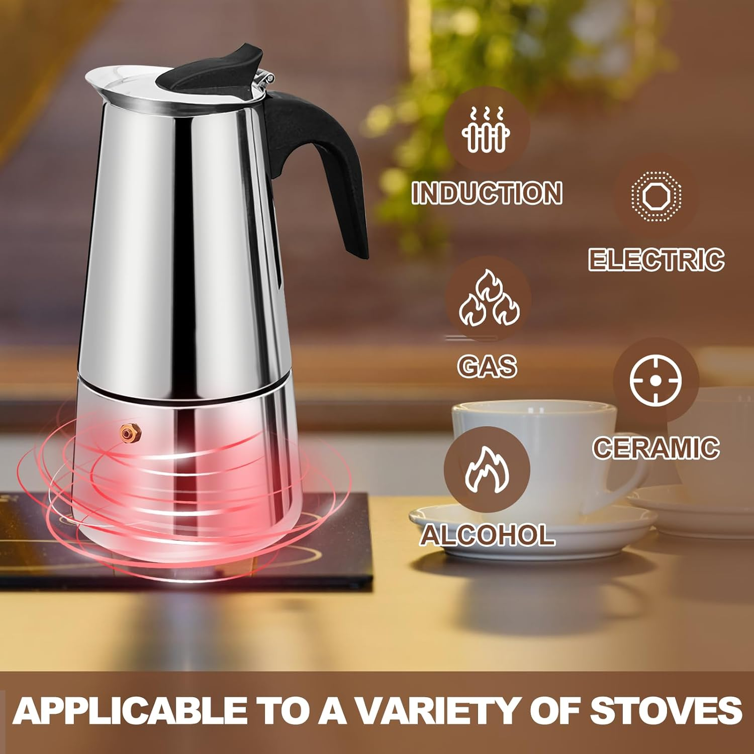 4 Cup Stovetop Espresso Maker Stainless Steel Moka Pot Espresso Maker Percolator Italian Coffee Maker Capable Mocha Coffee Machine Cafe Classic Maker for Home & Camping 200Ml 6.6Oz image number 1