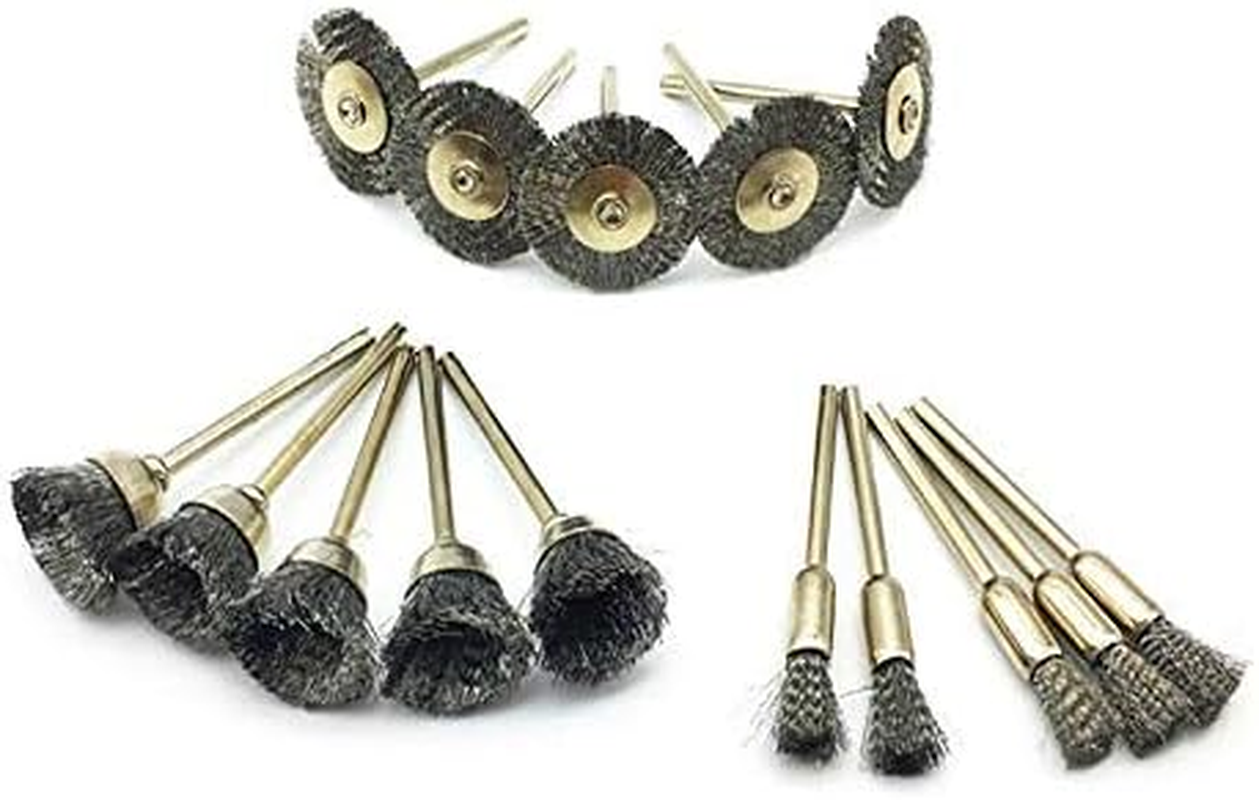 15 Piece Steel Wire Wheel Brush Set Polishing Cleaning Rotary Tool Buffing Brush Full Kit for Dremel Rotary Tools, 3 Types, Silver