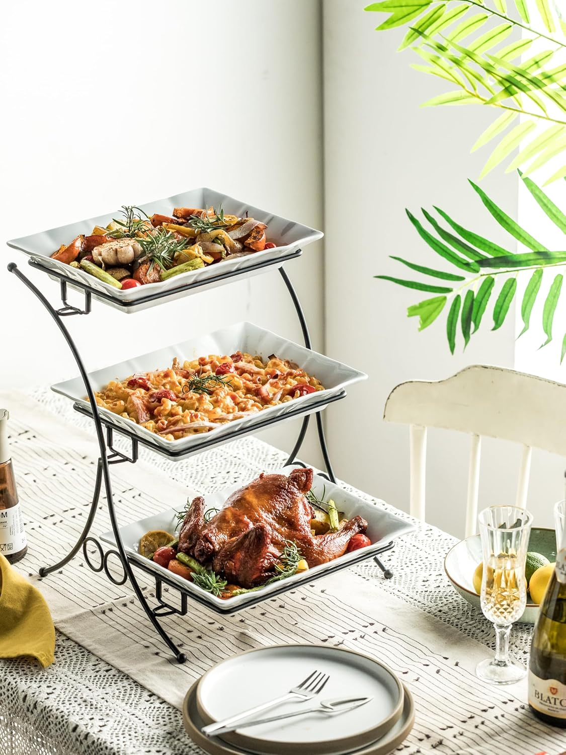 Tiered Serving Stand 3 Tier Buffet Server with Casserole Perfect Tray Porcelain White Platters for Party Serving Display Large Size image number 4