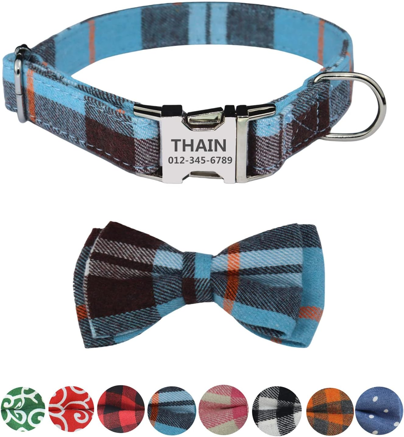 THAIN Custom Dog Collar Personalized for Male Female Dogs-Denis Dots,Plaid Pattern Engraved Pet Collars with Name Personalized Metal Buckle (S(Neck 9.8-13.8"), Denim Dots Blue)