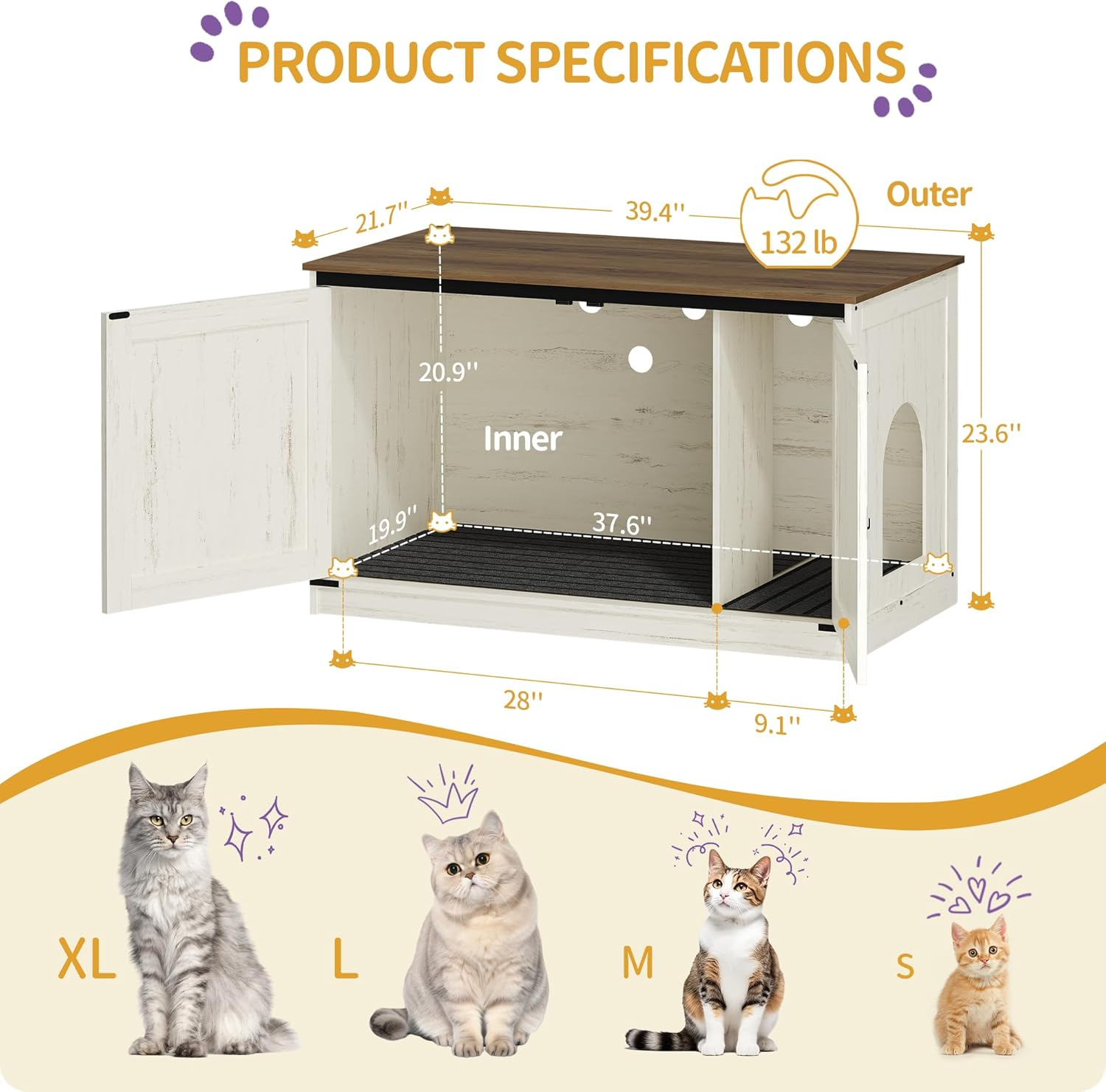 Hzuaneri Cat Litter Box Enclosure, Hidden Litter Box Furniture with Removable Dividers, Reversible Entrance Left or Right Side,Cat House, 39.4 X 21.7 X 23.6 Inches, Rustic White and Brown CB84714X image number 6