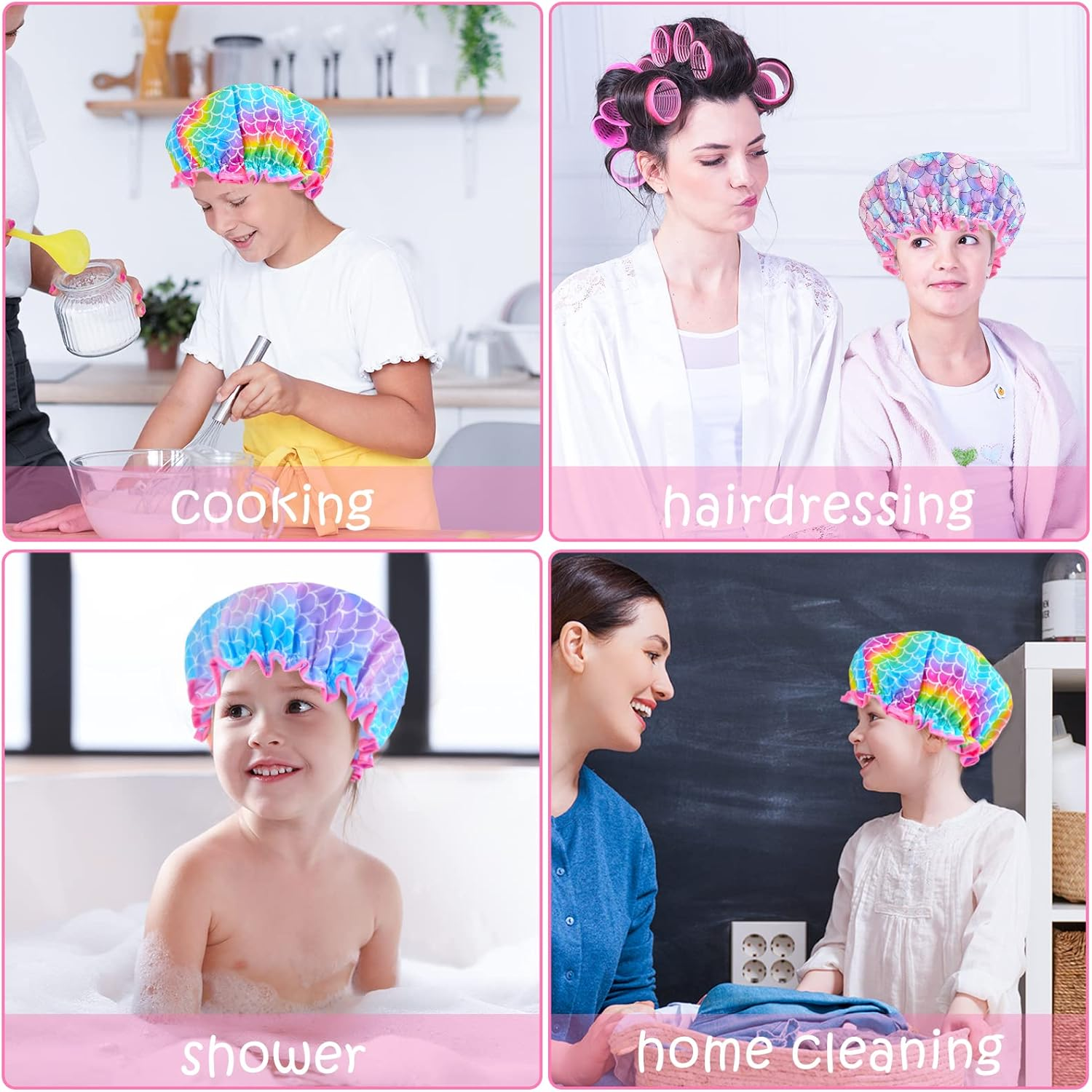 3 Pcs Kids Shower Caps for Girls - Cute Rainbow Hair Cap with Wide Elastic Band, Plastic Reusable Waterproof Toddler Bath Cap, Large for Women (Mermaid) - Rainbow image number 3
