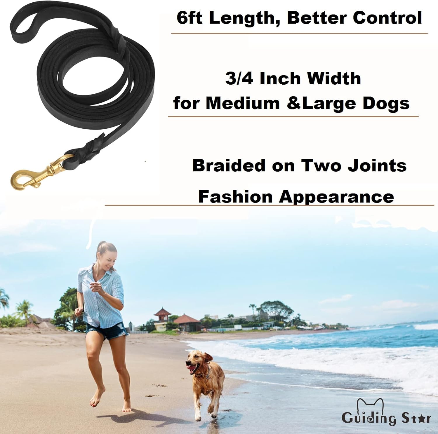 Guiding Star Black Leather Dog Leash 6Ft, Soft Durable Genuine Handmade Braided Leather Dog Lead, Heavy Duty Strong Dog Training Walking Dog Leash Leather for Large & Medium Dogs