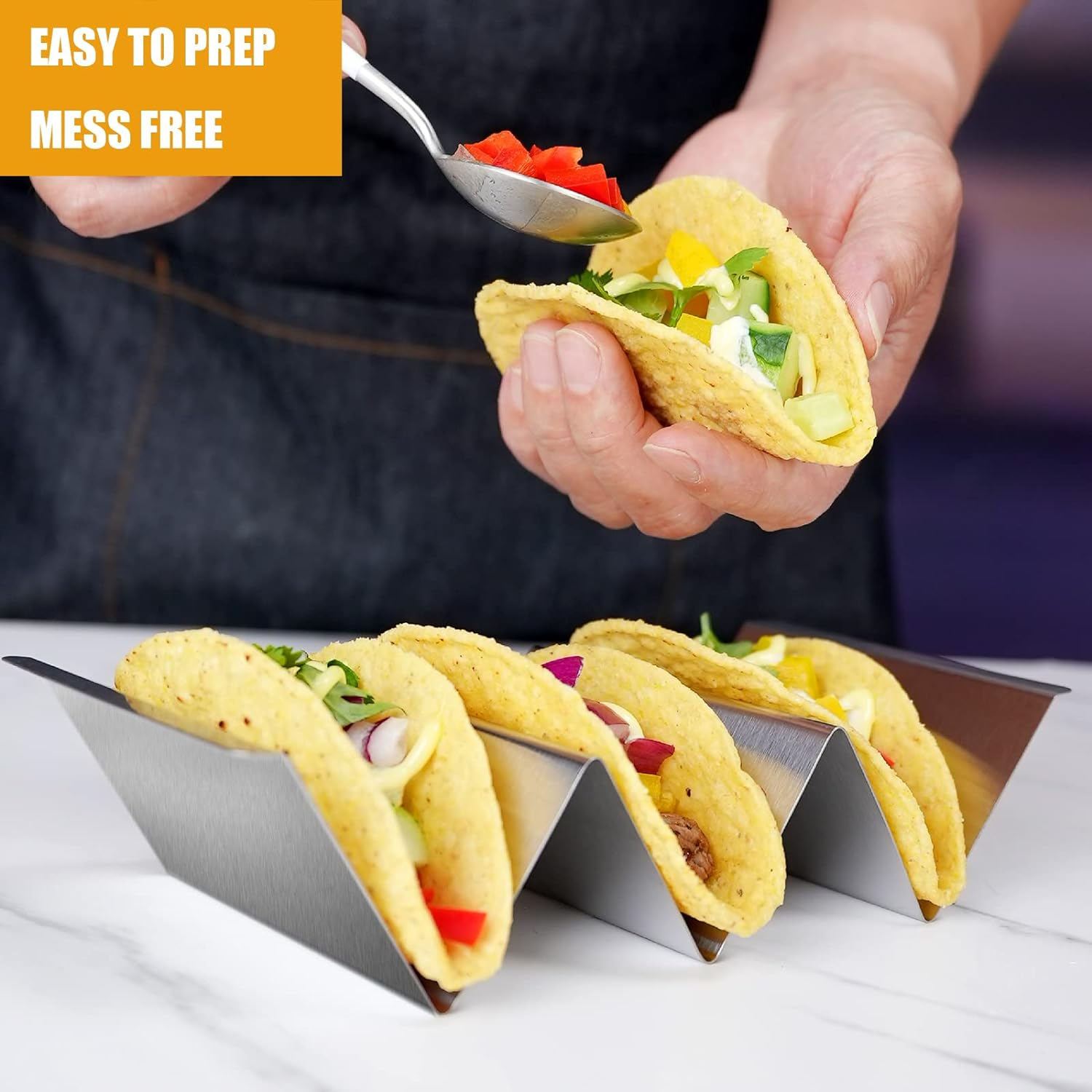 Taco Holders Set of 6, Taco Stand, Stainless Steel Taco Holder, with Easy-Access Handle, Each Can Hold 2 to 3 Tortillas, Oven Safe for Baking, Dishwasher and Microwave Safety image number 1