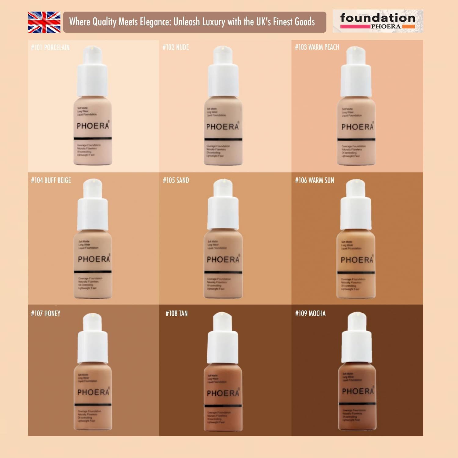 Glamza PHOERA Foundation Concealer Makeup Full Coverage Matte Brighten Long Lasting UK (103 WARM PEACH) - 102 Nude image number 6