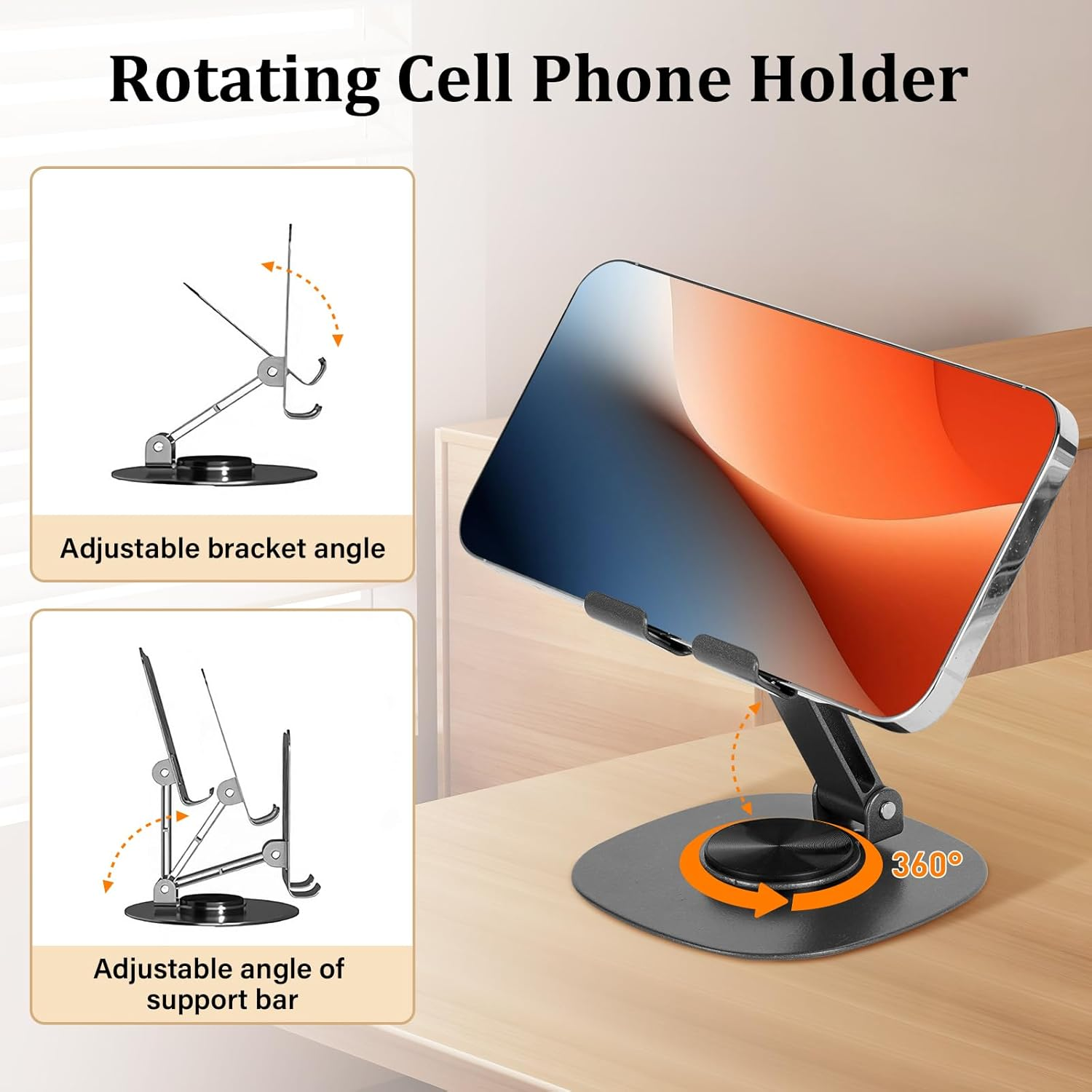 360&deg; Rotating Metal Phone Stand &ndash; Adjustable Height Desktop Holder, Non-Slip Foldable Base for All Iphones/Samsung, Vertical & Horizontal Viewing (Portable Desk Accessory) image number 3