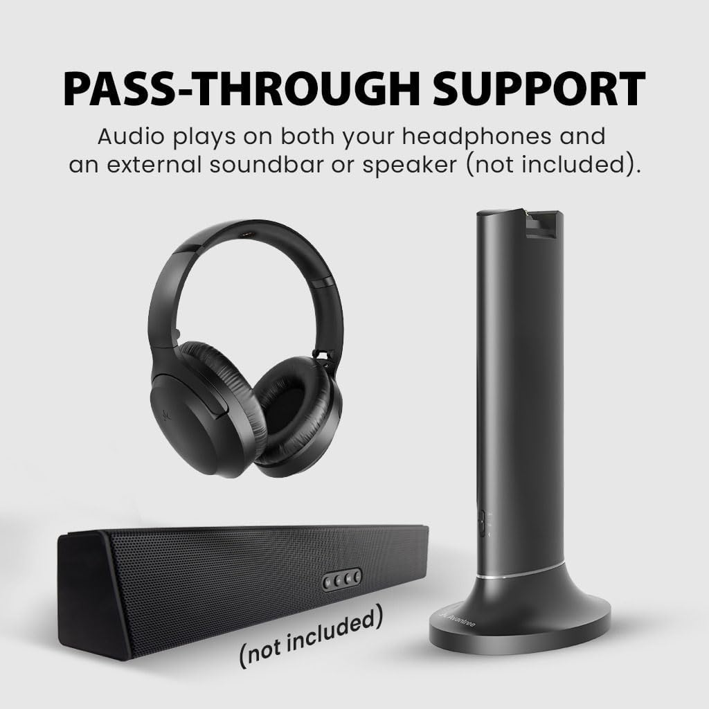 Avantree Opera plus - Wireless Headphones for TV Watching with Transmitter & Charging Dock 2-In-1, 3D Surround Sound, Clear Dialogue Mode, Pass-Through Support, and 164Ft Long Range