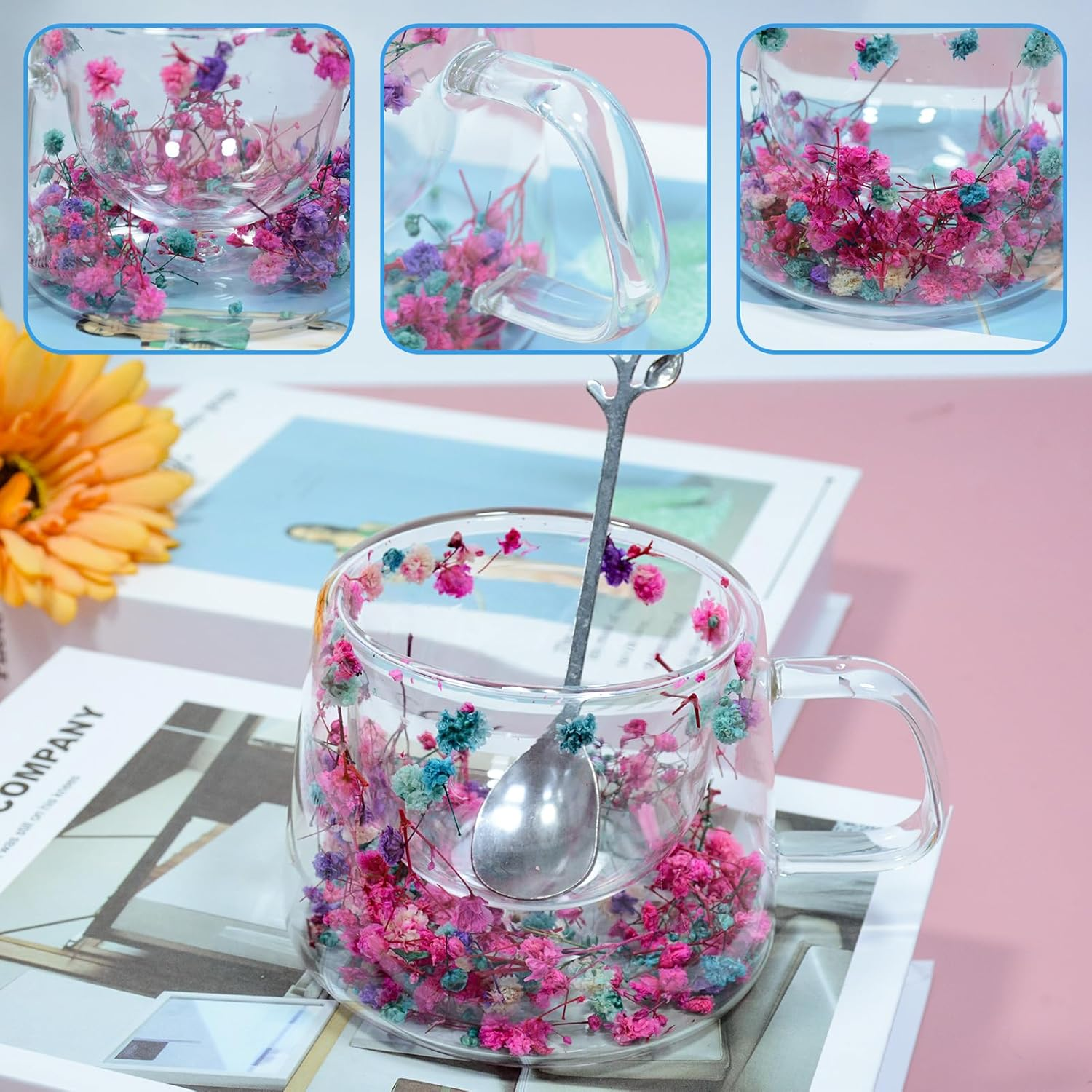 Double Wall Glass Coffee Mugs Cute Tea Cups Heat Resistant Transparent Mug Aesthetic Floral Design Best for Women Friend Teacher Mum Unique Birthday image number 4