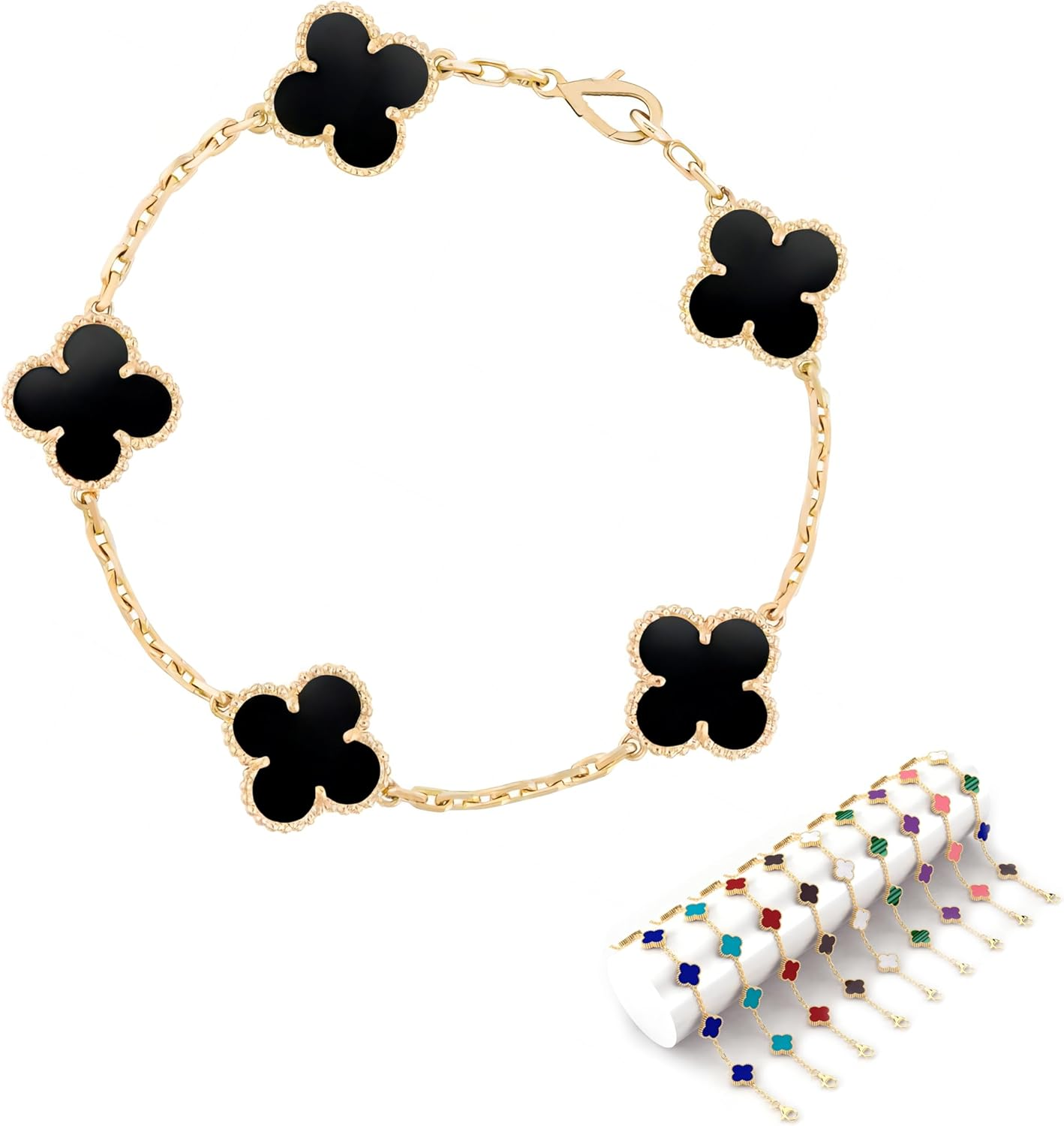 Four Leaf Clover Bracelet for Women Girl White Black Green Red Lucky Link Clover Bracelets,18K Gold Plated Jewelry Double-Sided Design Christmas Valentine'S Day Gifts