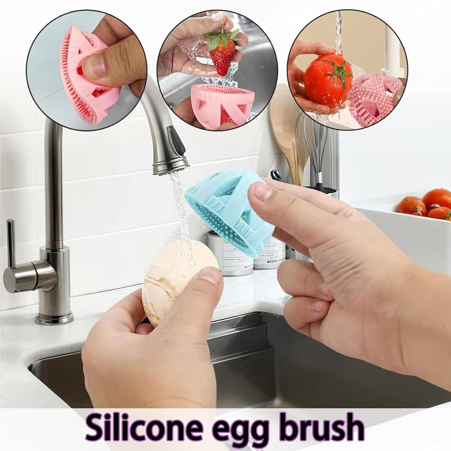 Silicone Egg Cleaning Brush - Reusable Scrubber for Fresh Eggs - Gentle Egg Washer Tool - Effortless Cleaning - Durable and Easy to Use - Blue image number 2
