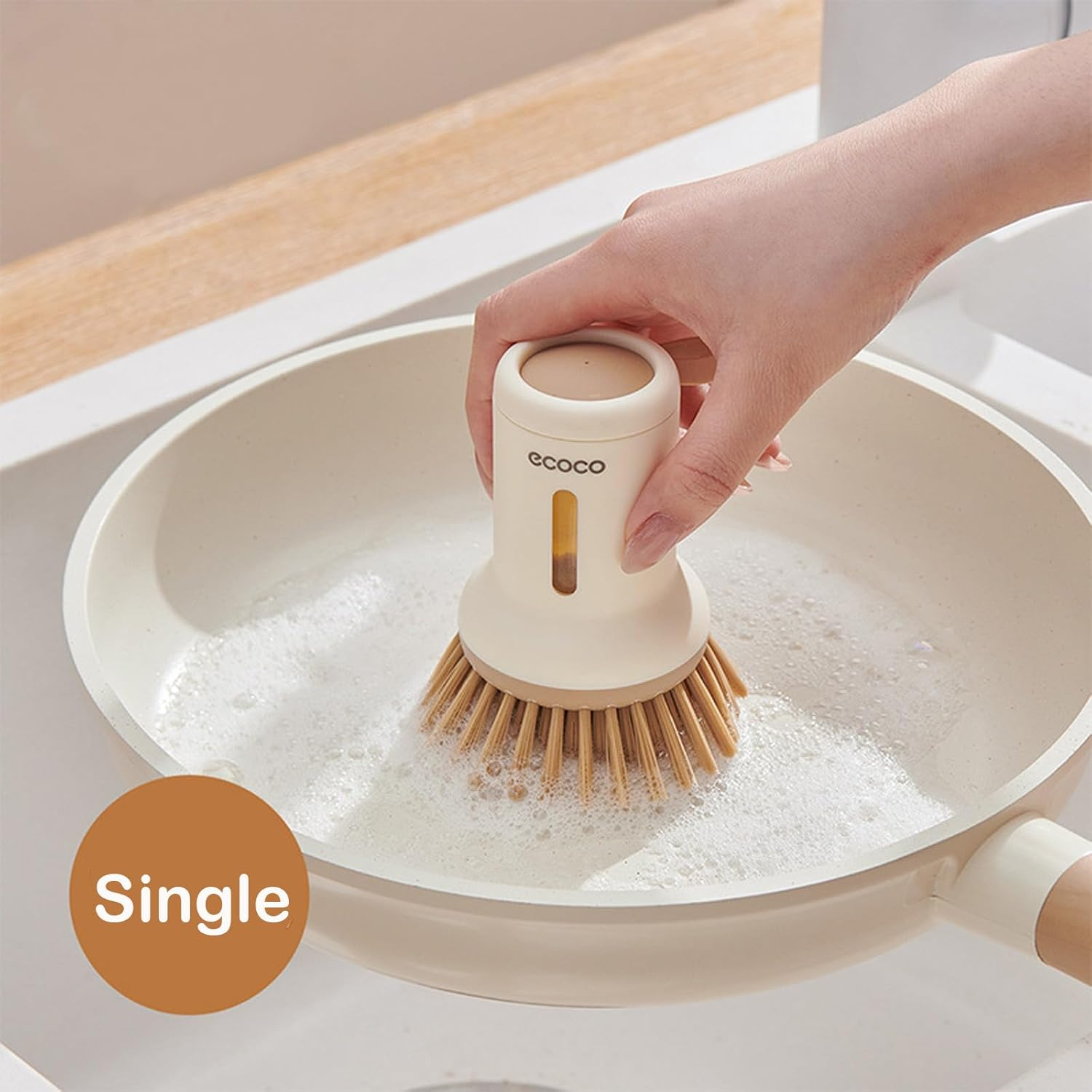 Catchu Cleaning Brush Short Handle Dish Brush with Built-In Soap Dispenser, Heavy-Duty Pot and Pan Scrubber for Kitchen Cleaning -Brown image number 3