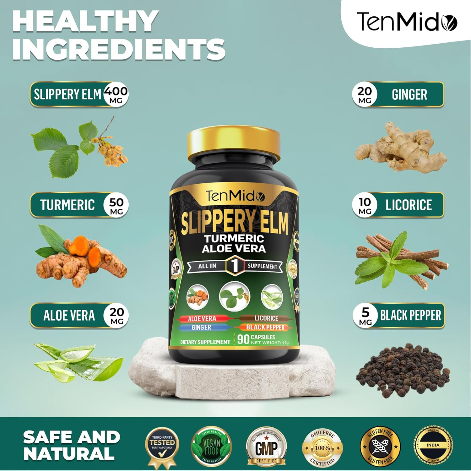 Tenmido Slippery Elm Supplements - 6In1 with Turmeric Curcumin, Aloe Vera, Ginger, Licorice & Black Pepper - Digestive Health - 90 Vegan & Non-Gmo Capsules image number 2