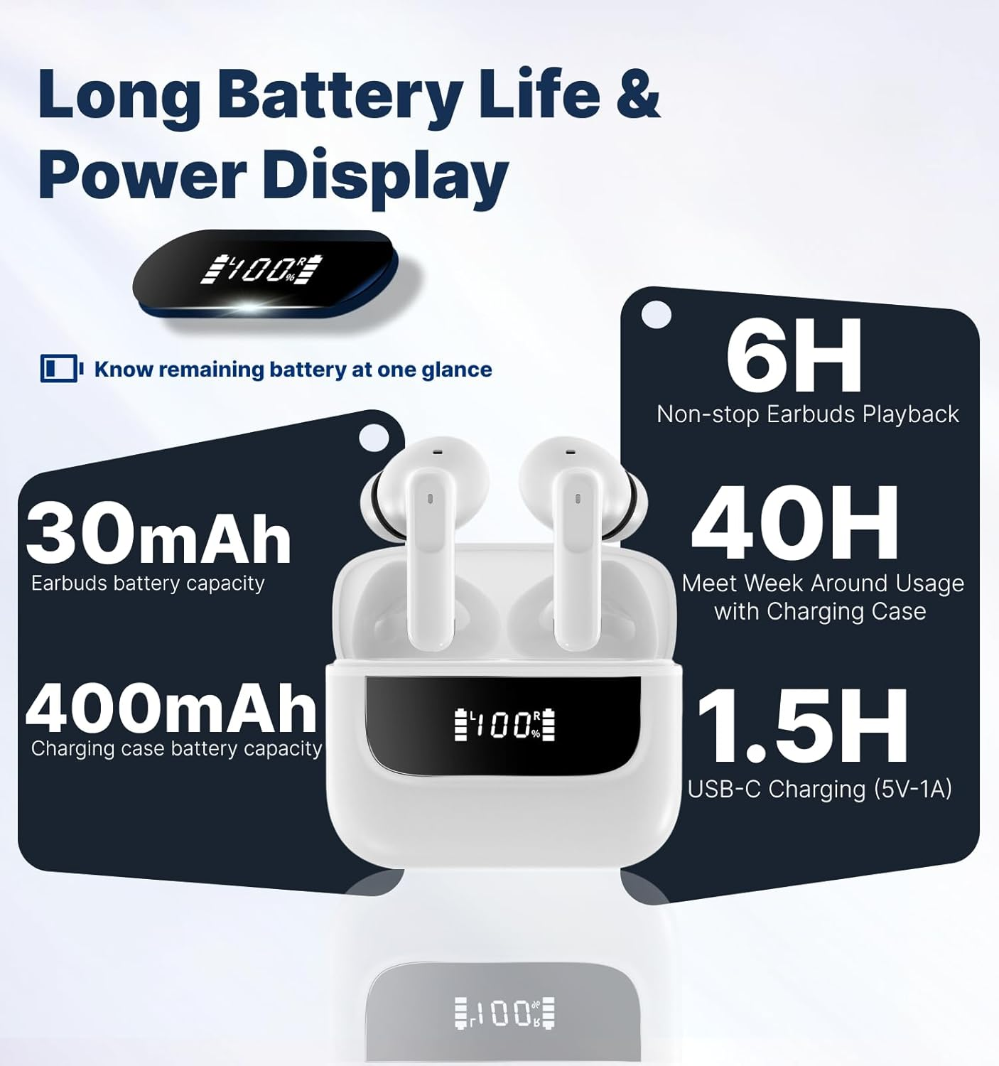 Hmusic H26 Wireless Earbuds, 4 Mic ENC in Ear Headphones, Bluetooth Earphones 40H Playtime W/Charging Case, LED Display, Long Battery Life, Waterproof Workout Sport for Android Ios image number 6