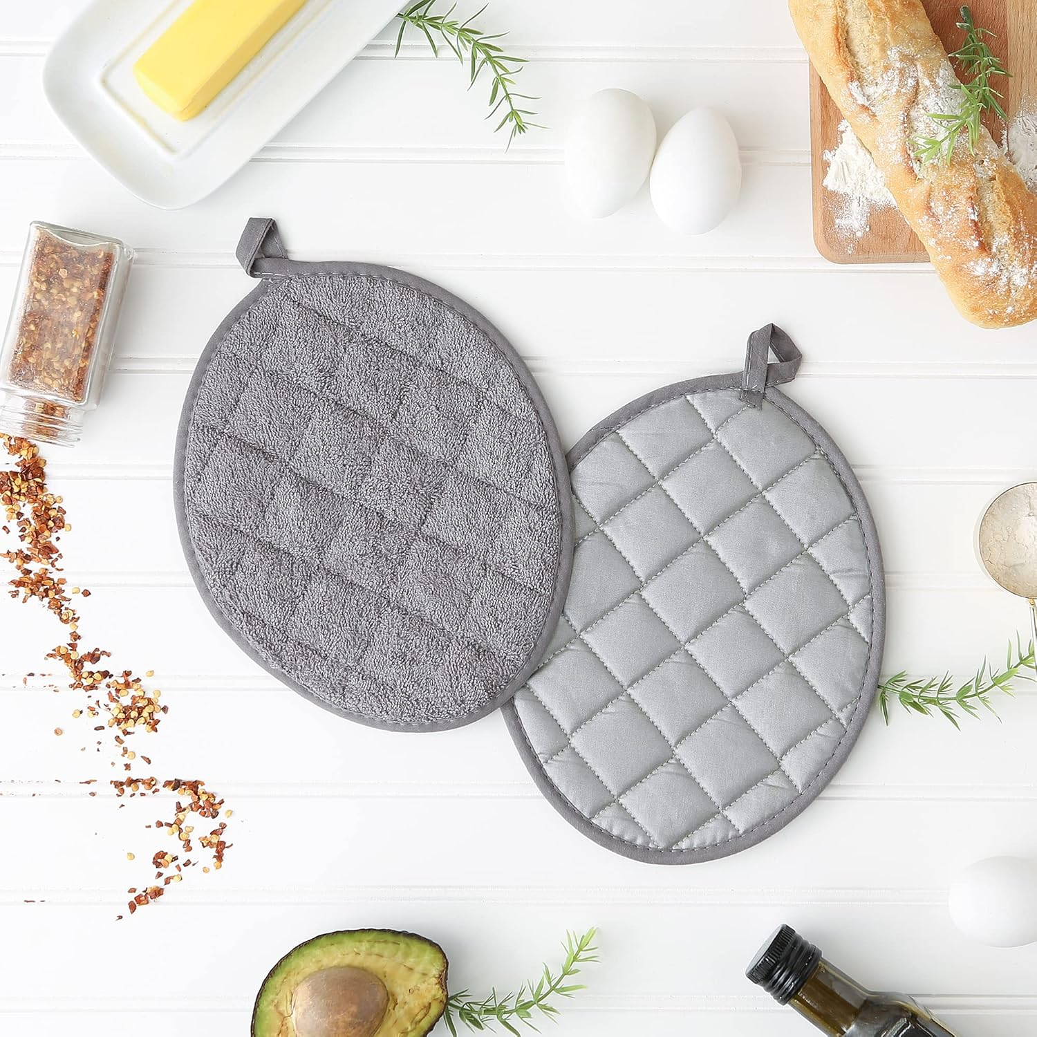 DII Basic Terry Collection Quilted 100% Cotton, Oval Potholder, Gray, 2 Piece image number 5