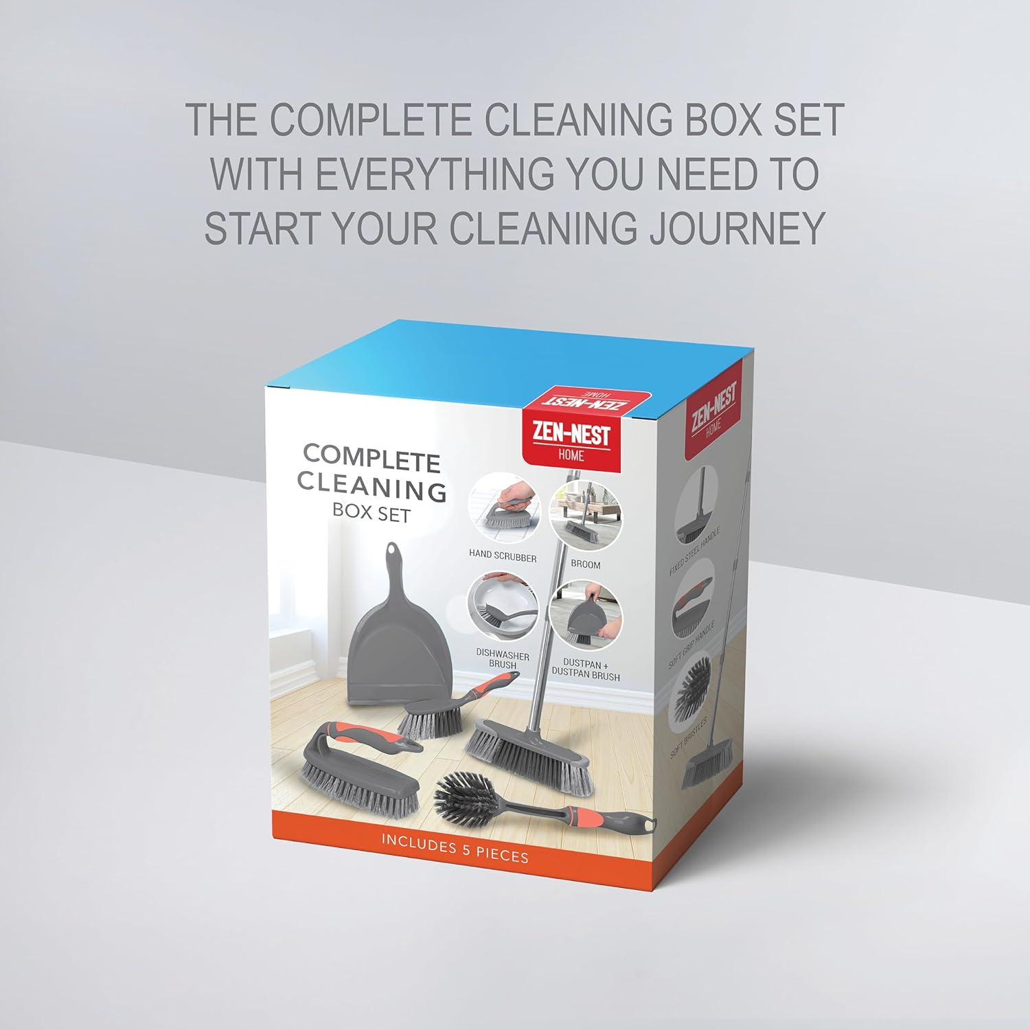 Zen Nest 5-In-1 Complete Cleaning Set &ndash; Multi-Purpose Home Cleaning Tools Kit with Broom, Dustpan, Mop & More &ndash; Space-Saving, Durable & Easy to Store (5Pcs) image number 2