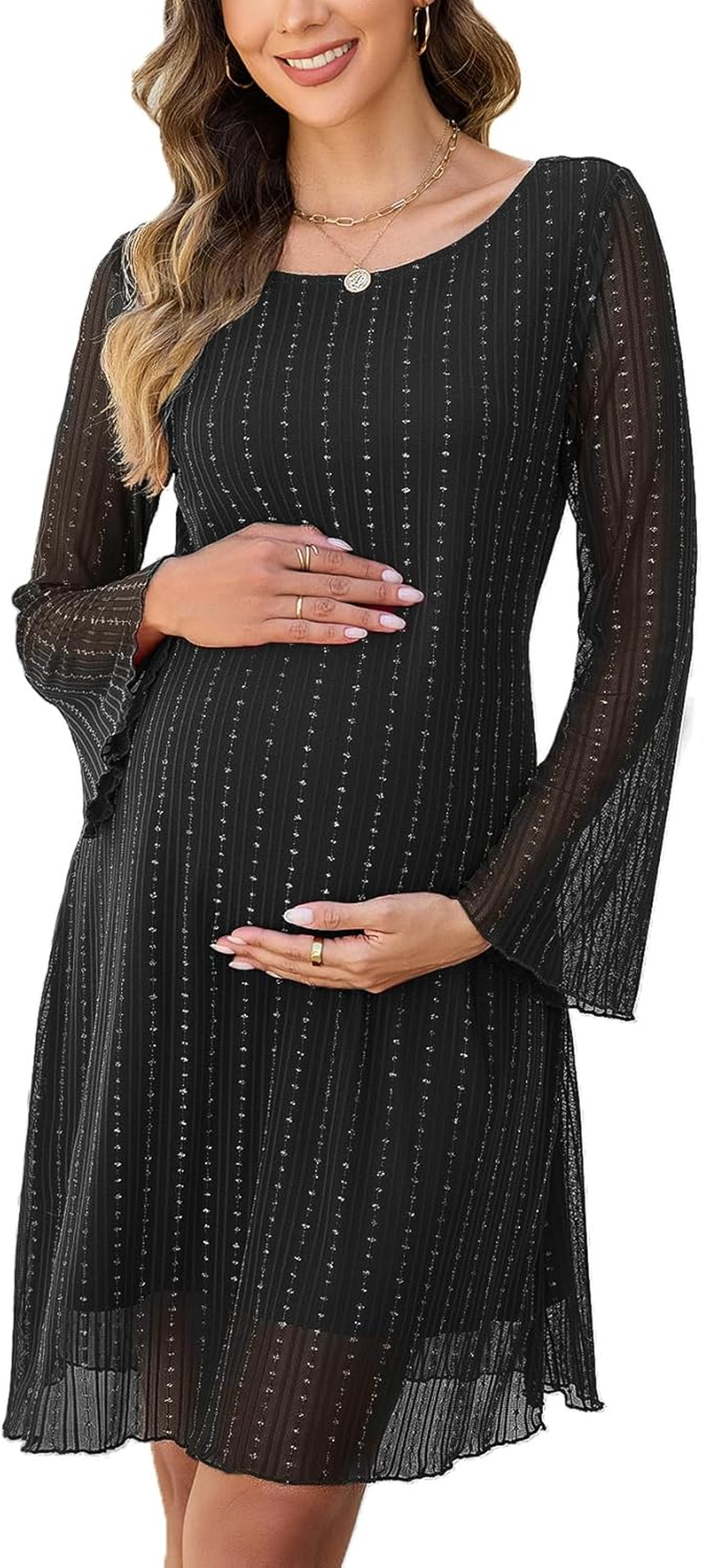 Sparkly Mesh Mini Maternity Dress Sheer Bell Sleeves Tie Back Pregnant Dresses Baby Shower Photoshoot Casual