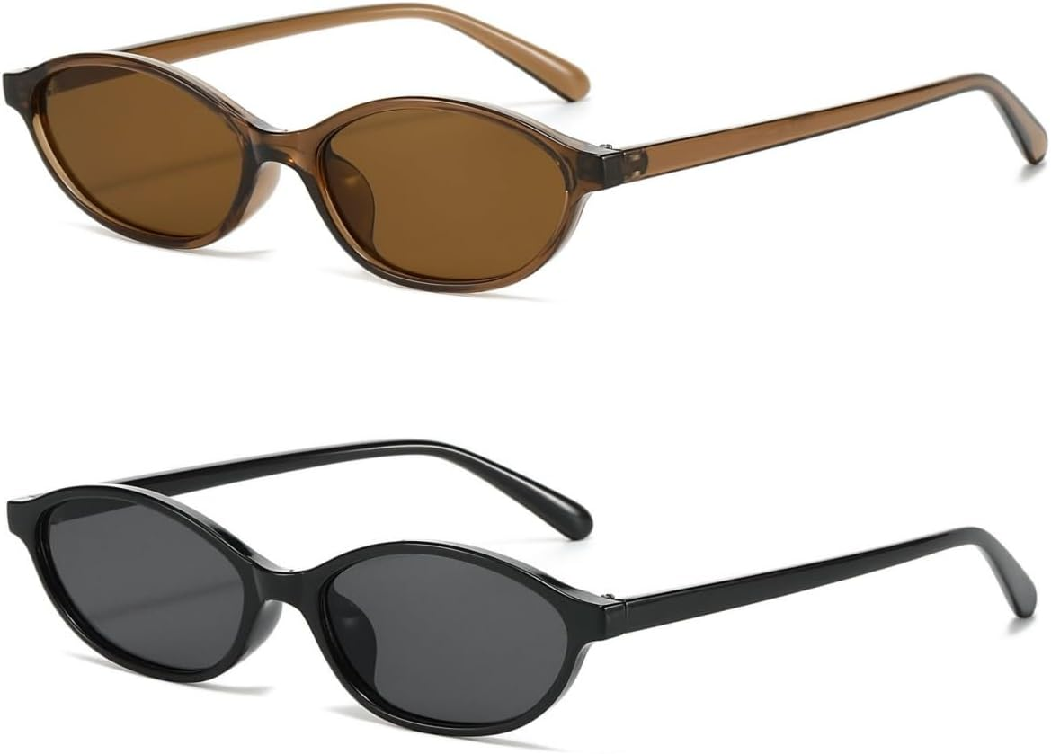 BAWUYI Retro Oval Sunglasses for Women Men Chic Small Narrow 90S Glasses Cat Eye Y2K Shades Trendy Sunnies