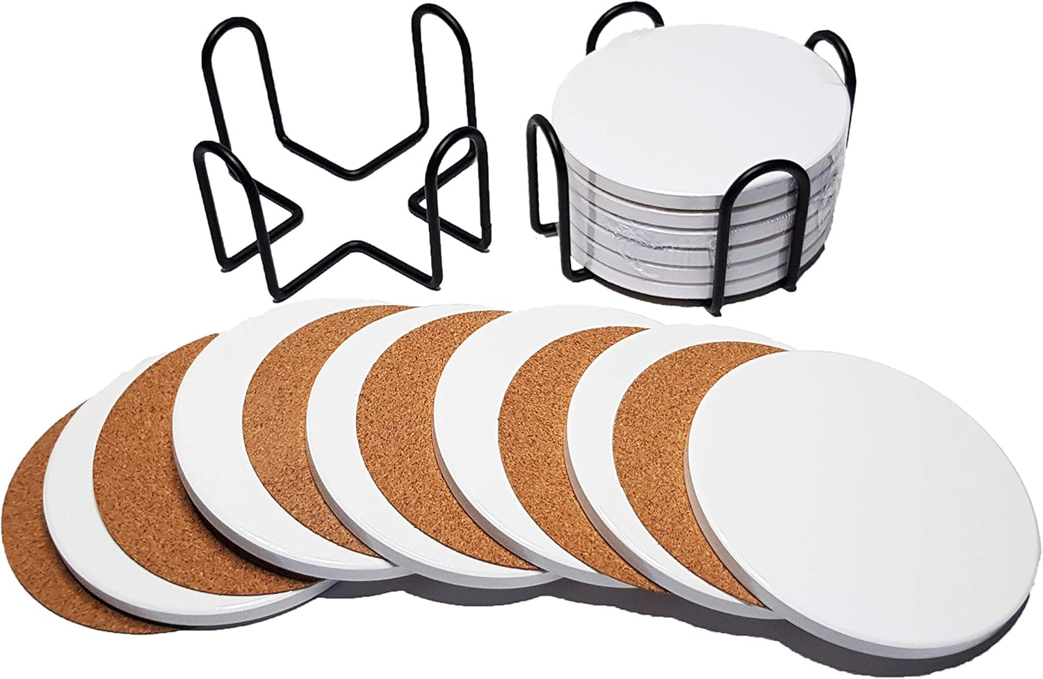 Ceramic Coaster Sets - 12 round 102Mm (4 Inch) MATT Absorbent Coasters - Stick-On Cork Backing Pads & 2 Metal Stands image number 4