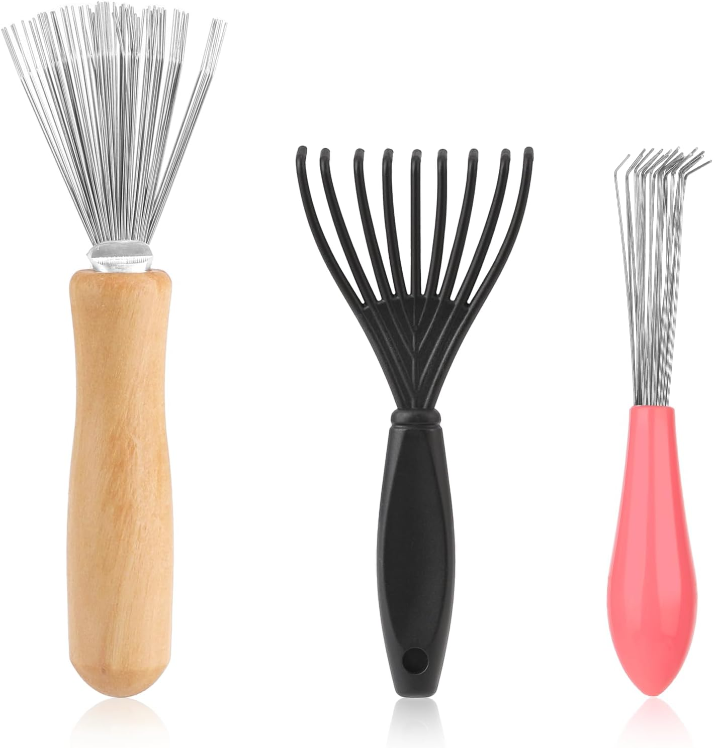 3Pcs Hair Brush Cleaner Tool Comb and Brush Cleaner Tool Set with Rake Design Metal Wire Comb Cleaners Wooden Handle Hair Remover Mini Instrument for Home and Salon Use Removing Dust Dirt image number 3