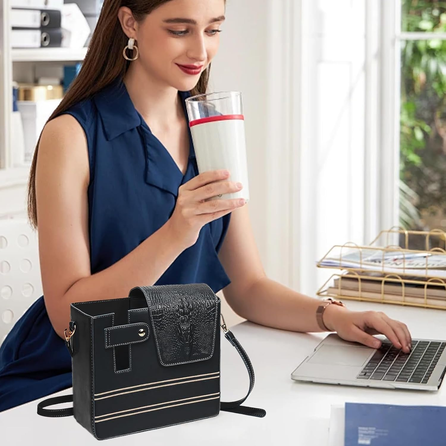 Bag with Cup Holder, Waterproof Shoulder Purse, Cup Holder Bag, Portable Shoulder Purse Multiple Pockets for Women Outdoor Sports Walking Hiking Travel Commuting Camping Cycling - Black image number 3