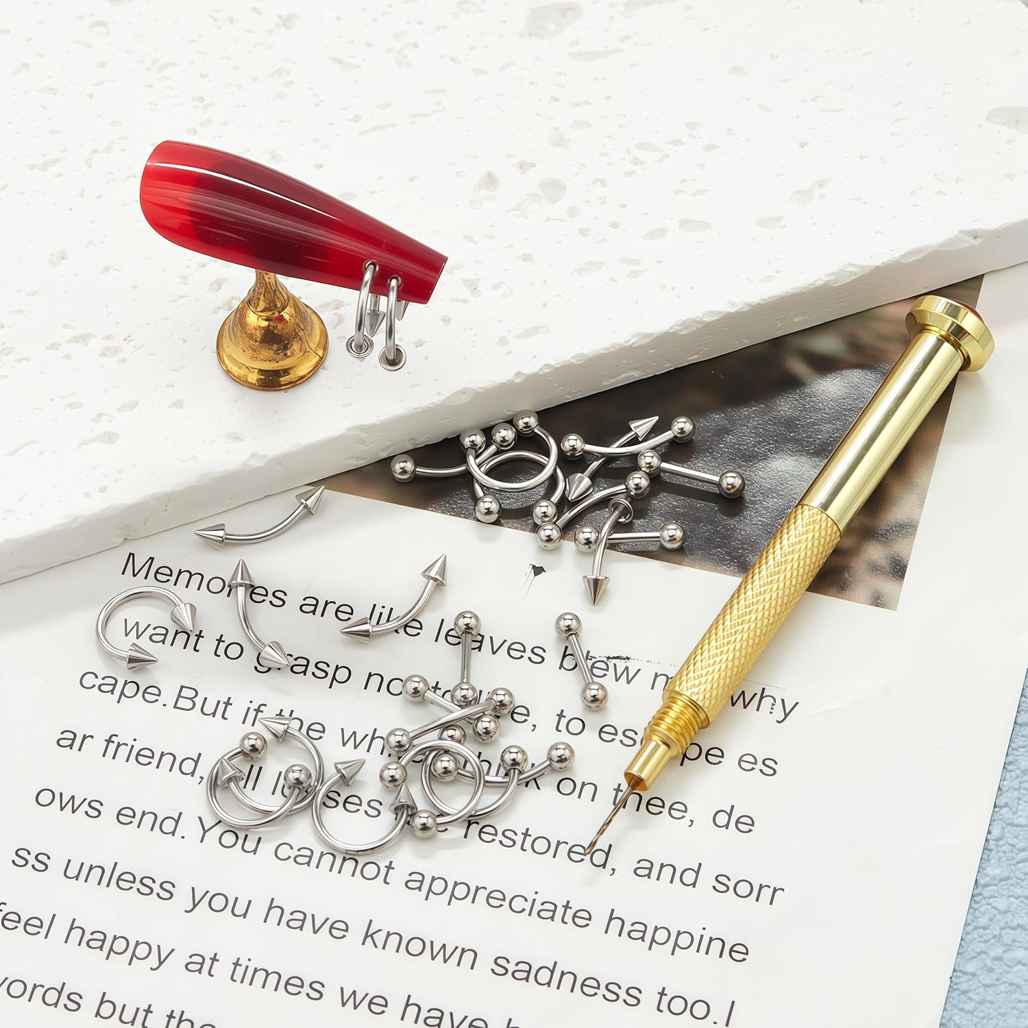 XEAOHESY 25 Pieces Platinum-Colored Alloy Nail Piercing Charms Nail Piercing Rivet Set with Piercing Tool Punk Y2K Piercing Nail Charms for Women Girls Nail Art image number 4