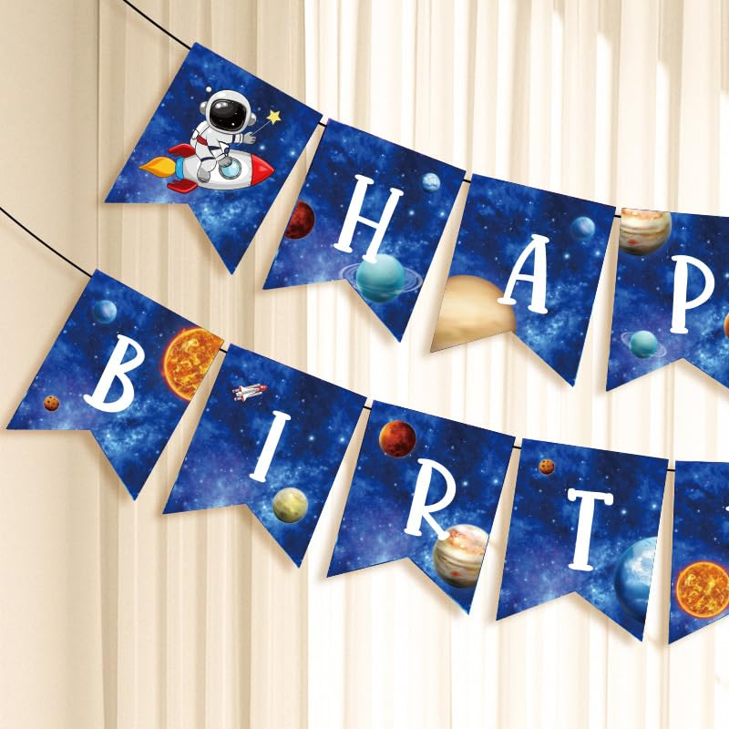 Space Theme Happy Birthday Banner, Astronaut and Planet Design, Blue Starry Sky Party Decoration image number 4