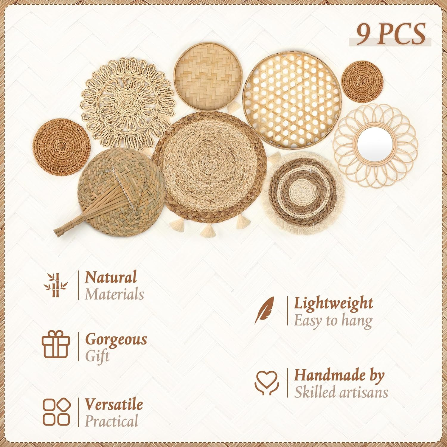 Unittype Set of 9 Wall Basket Decor Boho Hanging Rattan Wall Decor Flat round Wicker Mirror Woven Macrame Tassels Tapestry Bamboo Basket Handmade Serving Tray Art for Room Bedroom Living Room image number 5