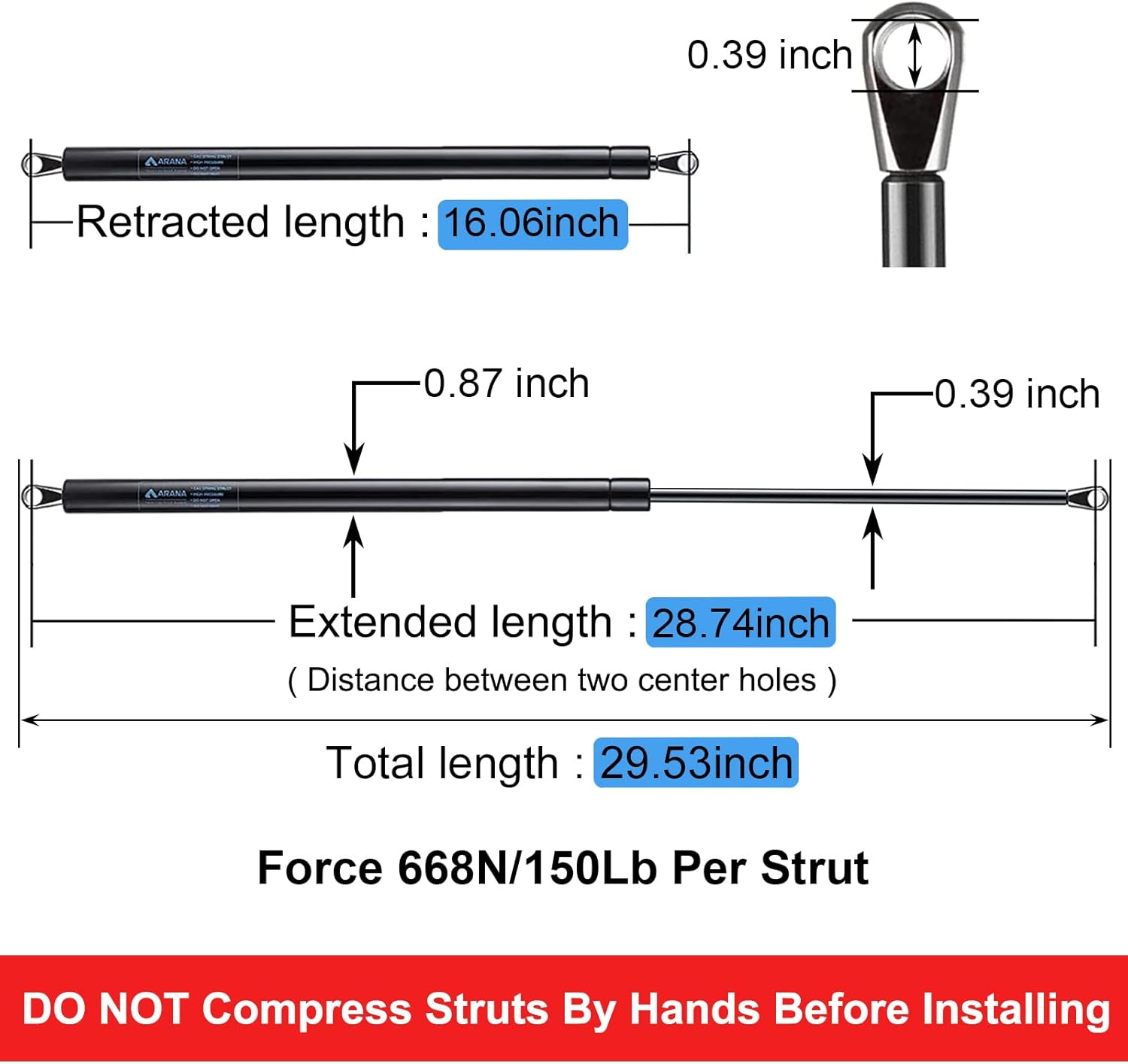 28Inch RV Awning Struts Lift Support Spring Shocks for Camper,2Pcs 150Lb 28.74" 3108392.139 RV Awning Gas Strut 3310555.010 Compatible with Domtic Weather Pro image number 4