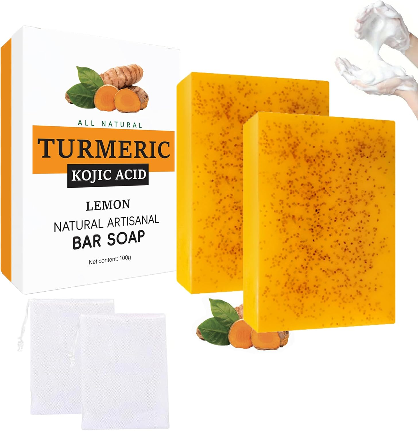 2PCS Turmeric & Kojic Acid Soap Bar with Natural Granular Formula,Skin Brightening & Hydrating Facial,Infused with Hyaluronic Acid & Collagen for Healthy Glowing Skin,100G image number 1