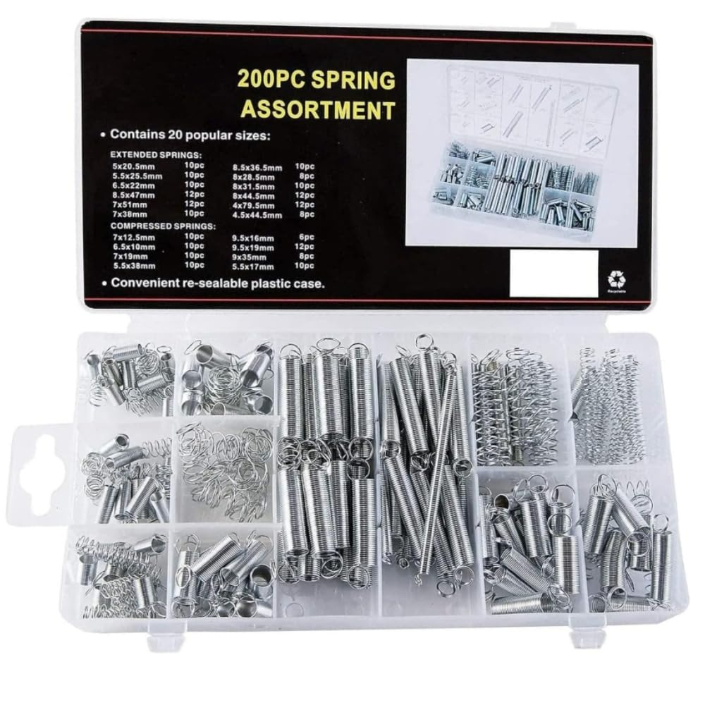 200-Piece Spring Assortment Set for Home Repairs & DIY - Extension & Compression Springs in Assorted Sizes, Zinc Plated Steel for Durability image number 5