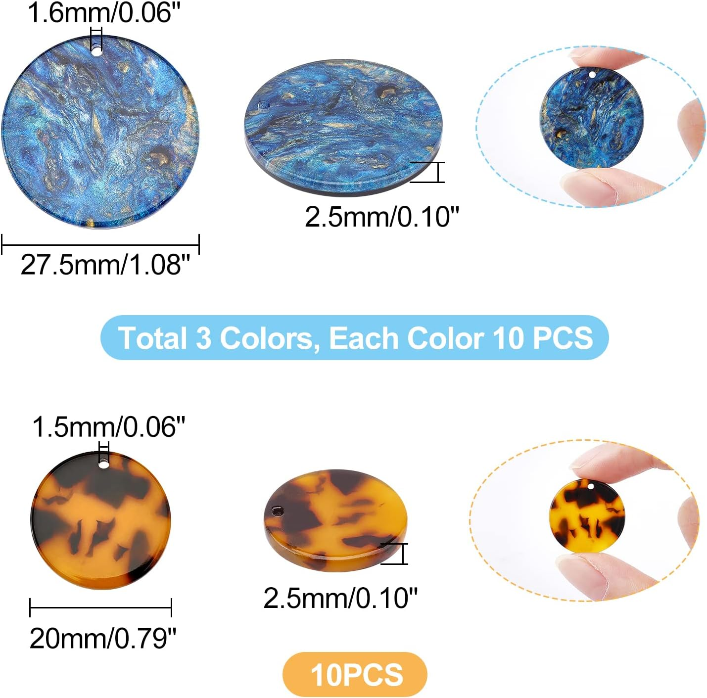 Pandahall 40Pcs 4 Color Resin Flat round Charms, Cellulose Acetate Pendants Geometric Crafts Charms with Hole for Necklace Earring Jewelry Making, 27.5Mm/1.08Inch image number 1