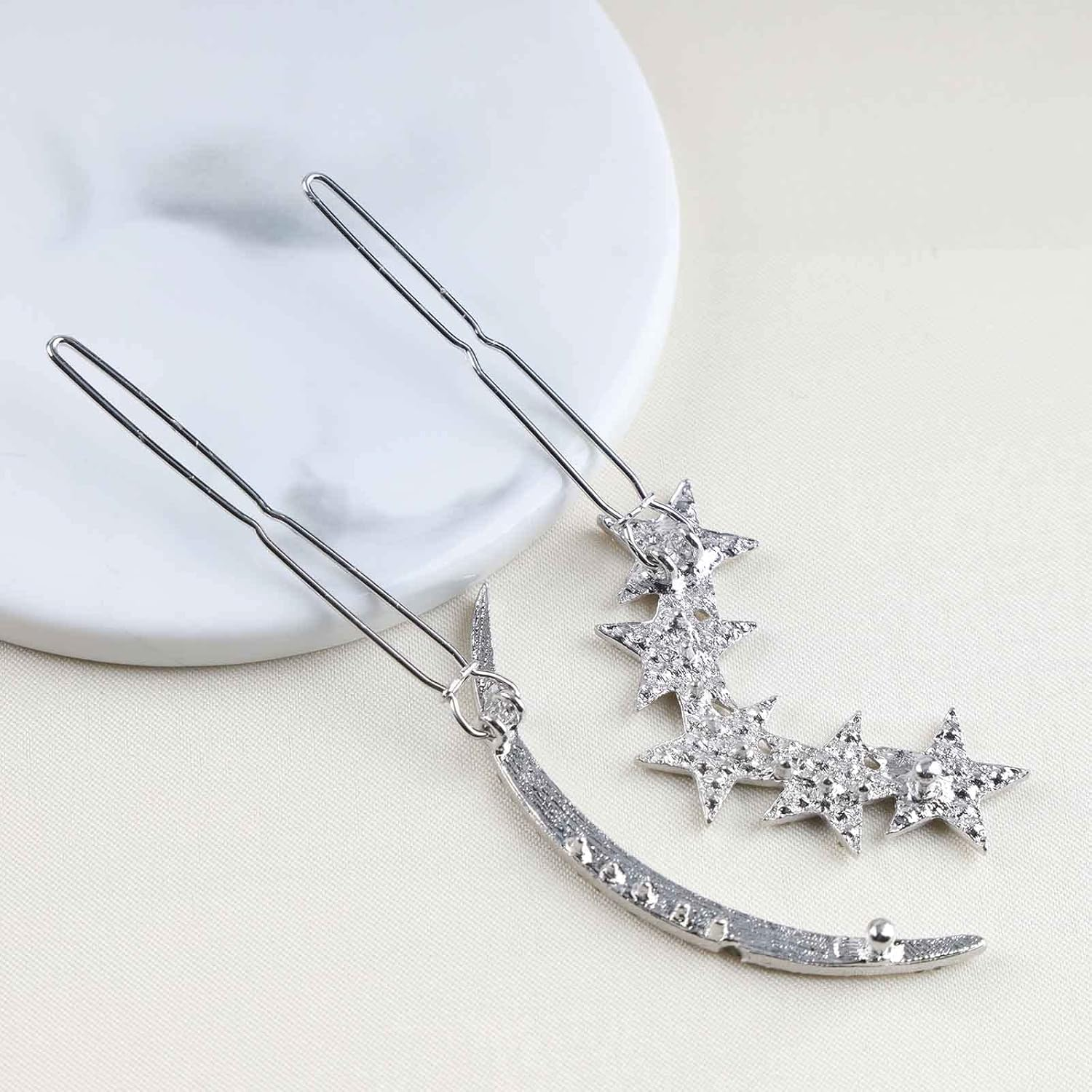 Yheakne Boho Crystal Moon Star Hair Clip Cz Star Hair Clip Silver Rhinestone Crescent Moon Hair Clip Cz Hair Clip Headpiece Decorative Headwear for Women and Girls (Silver Star and Moon) image number 1