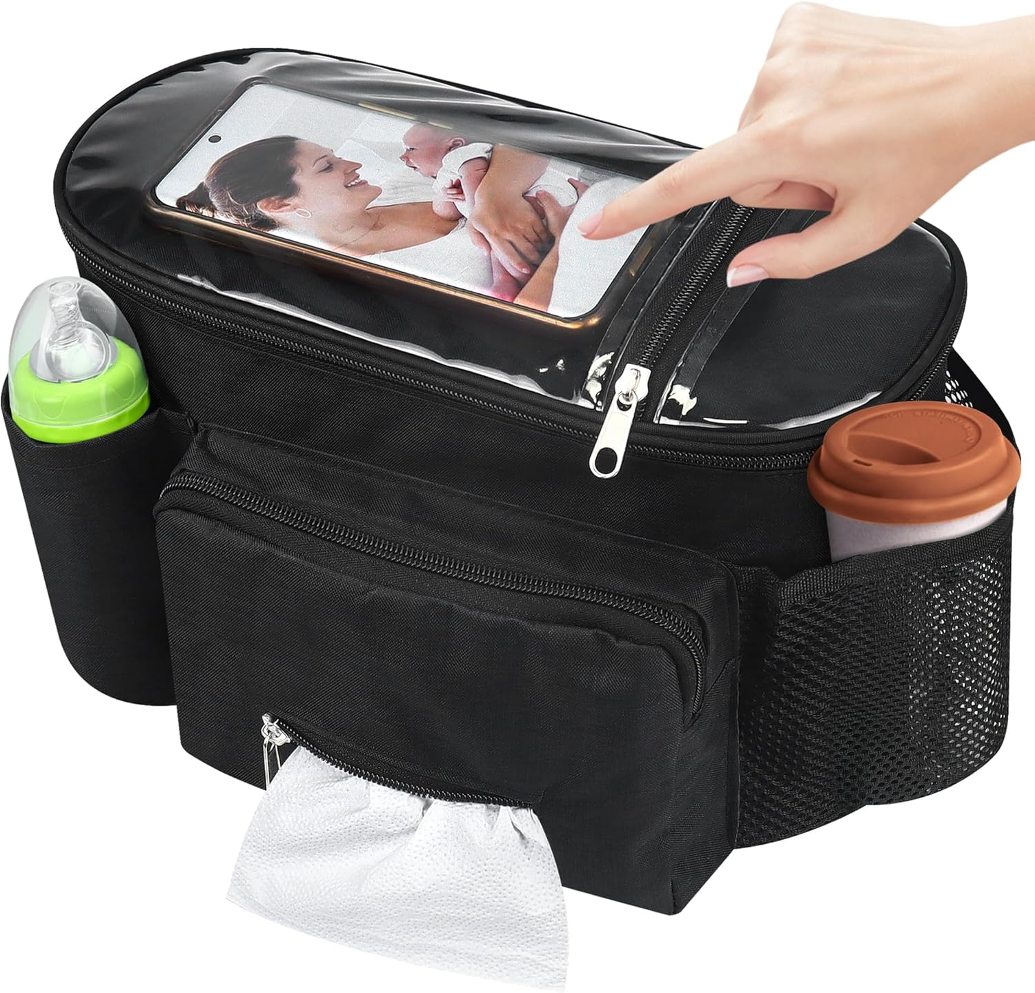Upgraded Pram Organiser with Touch Screen Phone Pocket Buggy Bag Universal Mummy Baby Pram Bags Cup Holders Shoulder Strap Waterproof Pushchair Bag Handbag Backbag Pram Accessories image number 3