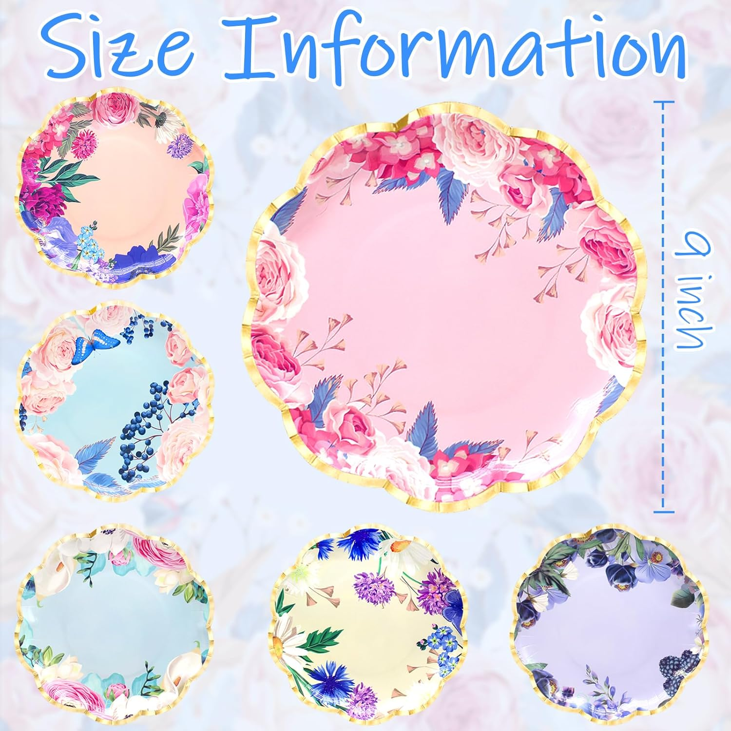 Benvo 60 Pack Floral Paper Plates 9 Inch Flower Dessert Plates Sparkle Disposable Plates for Tea Party Garden Party Baby Shower Bridal Shower Birthday Wedding Decorations(6 Assorted Styles) image number 5