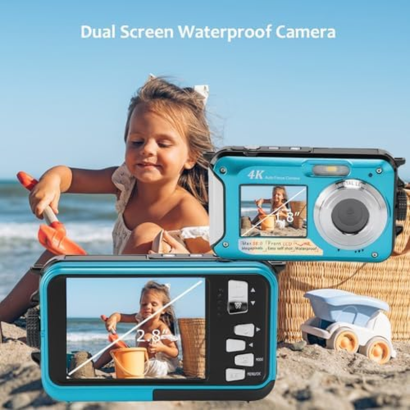 4K 56MP Underwater Camera, 10FT Waterproof Camera Dual-Screen Selfie Camera with 64GB TF Card, Auto Focus, 16X Digital Zoom, for Snorkeling (Blue) - Yellow image number 3
