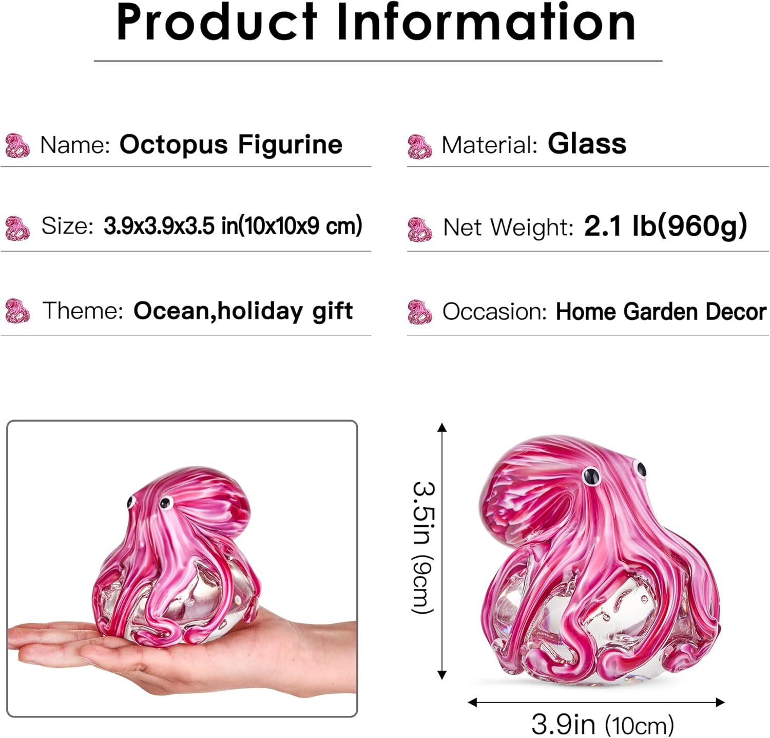 EUSTUMA Hand Blown Glass Octopus Figurine Ornament,Sea Animal Ornament for Fish Tank Aquarium,Sea Animals Collection for Birthday Gift,Glass Office Paperweight for Desk. image number 6